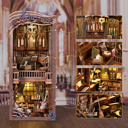 Timeless Melody Book Nook Kit, DIY Miniature Dollhouse Booknook Kit Music, 3D Wooden Puzzle Bookend Bookshelf Insert Decor with LED Light, Mini House Kit for Teens and Adults