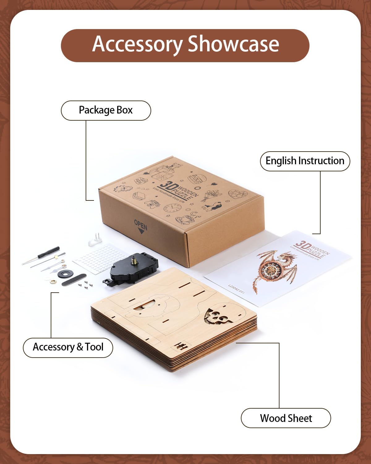 Rnfinewow 3D Wooden Puzzles for Adults, 3D Puzzle Dragon Clock Kit (with Pendulum), Wooden Puzzle for Adults Home Decor Clock Crafts for Adult Christmas Day Puzzle Gifts for Men Women