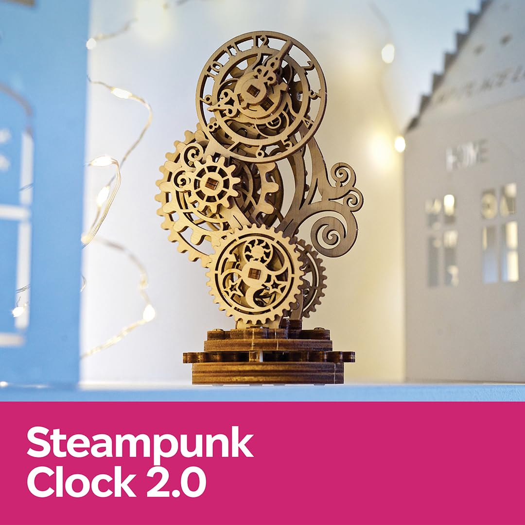 Ugears Steampunk Clock 3D Wooden Puzzle - Mechanical Wooden Clock - Adult Model Kits for Christmas and New Year - Magnificent Home Decoration