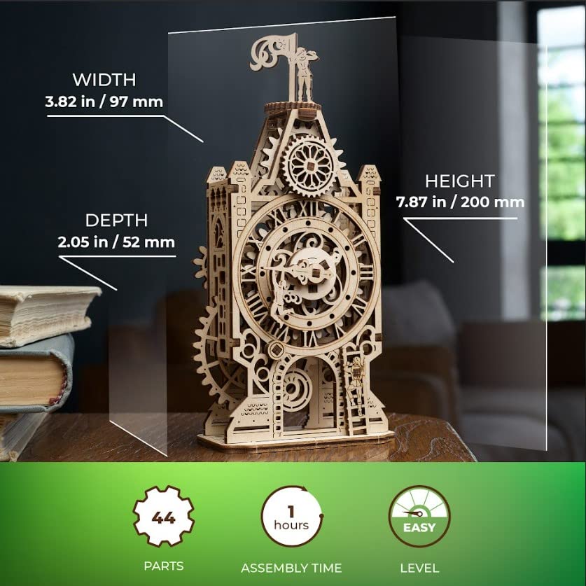 UGEARS Old Clock Tower 3D Wooden Puzzle - Wooden Mechanical Model Kit to Build - DIY Puzzle Clock Toy with Spinning Mechanism - Brain Teaser Building Set for Adults