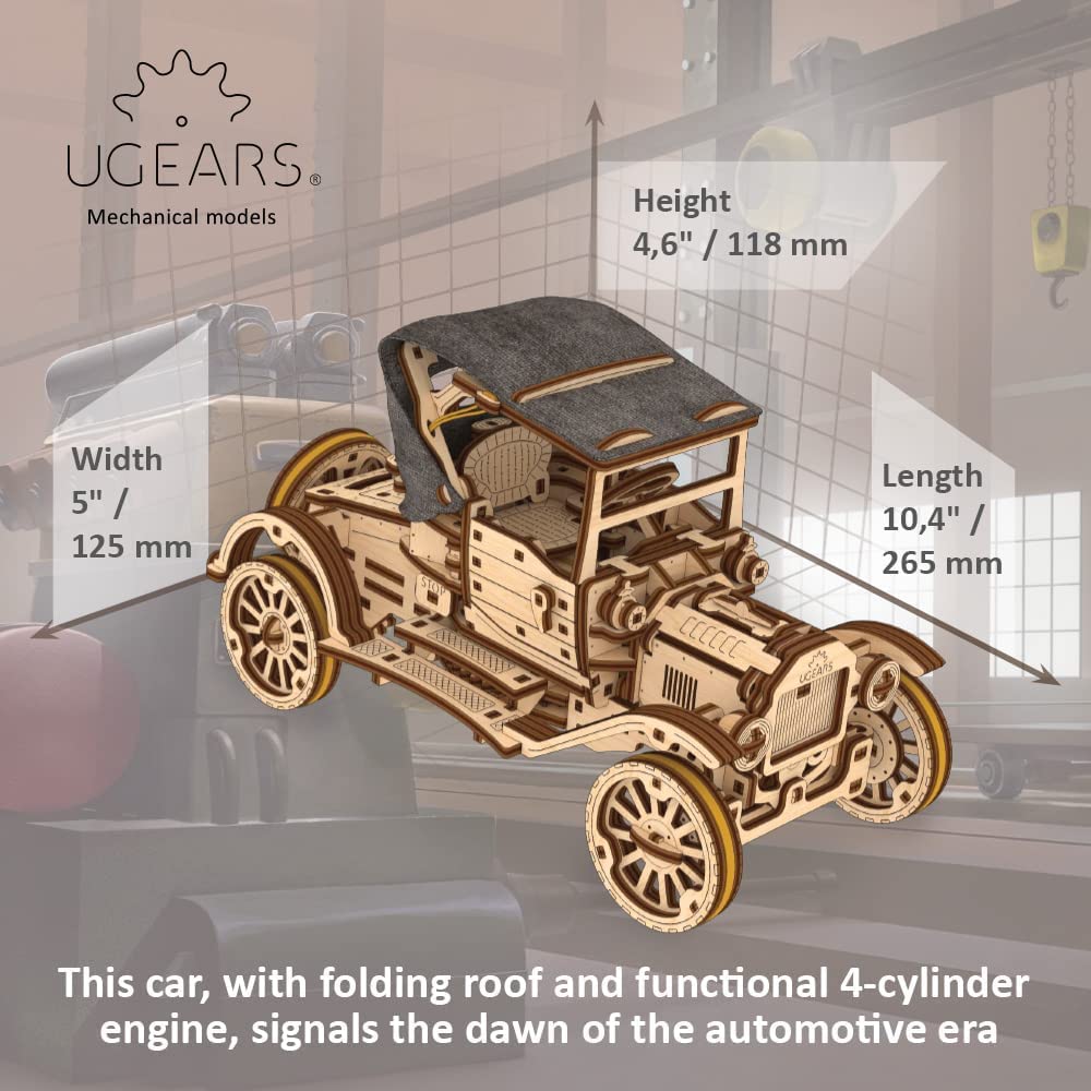 UGEARS Classic Model Car 3D Puzzle - Folding Roof, Functional 4 Cylinder Engine - Retro Auto DIY for Adults & Kids