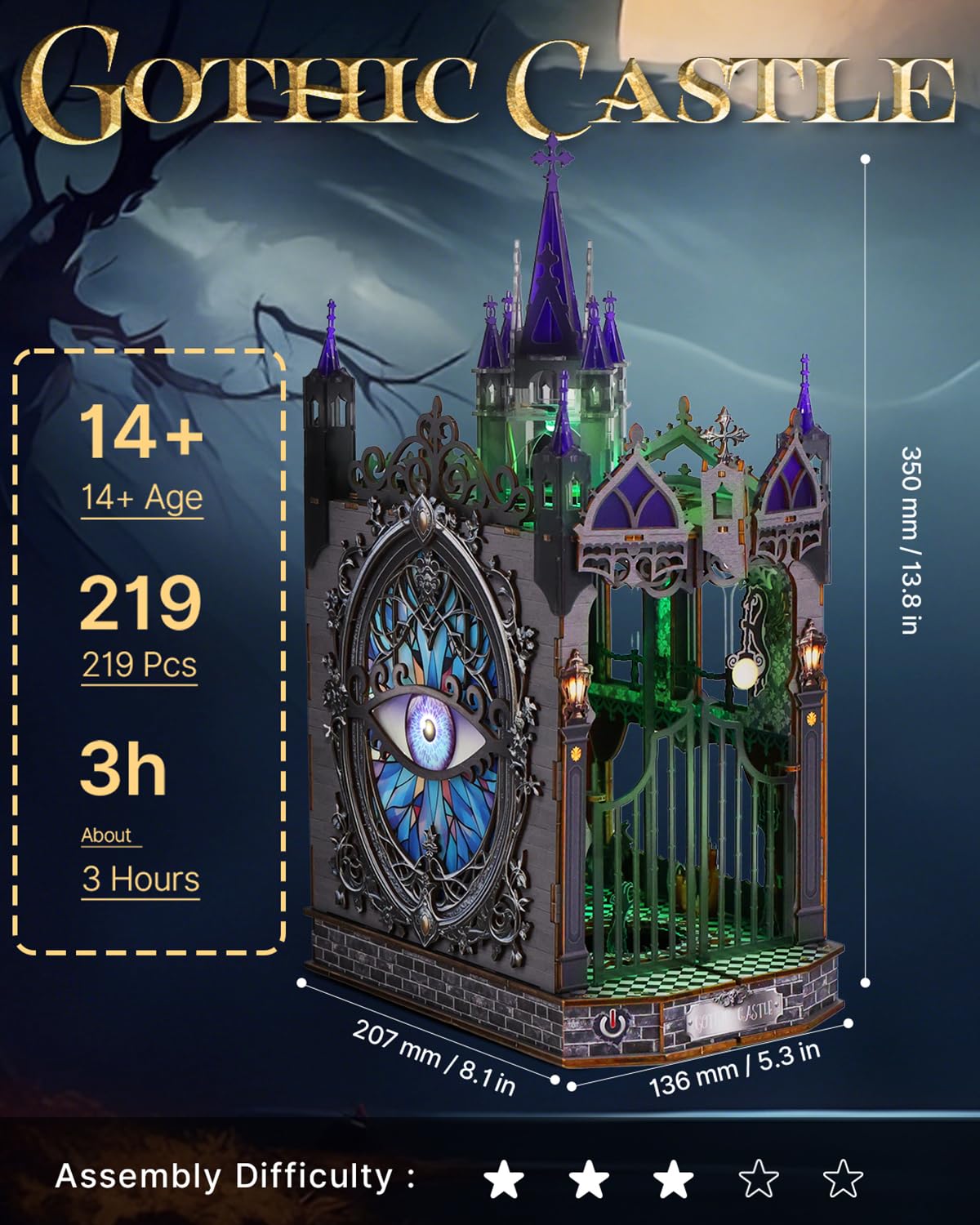 Halloween Book Nook Kit,Haunted House kit,3D Wooden Puzzle Miniature Booknook Bookend Bookshelf Decor with LED Light,Gothic Castle Bookshelf Insert for Home Decor Gift.