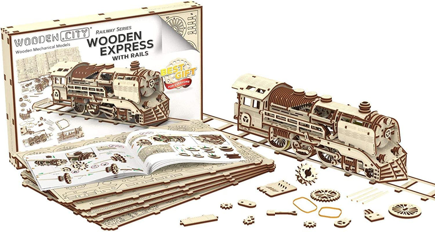WOODEN.CITY Wooden Express with Rails 3D Wooden Puzzles for Adults – Build Your Own Express Train with Rubber‑Band Motor – Self‑Assembly Model, DIY Gift for Adults and Teens