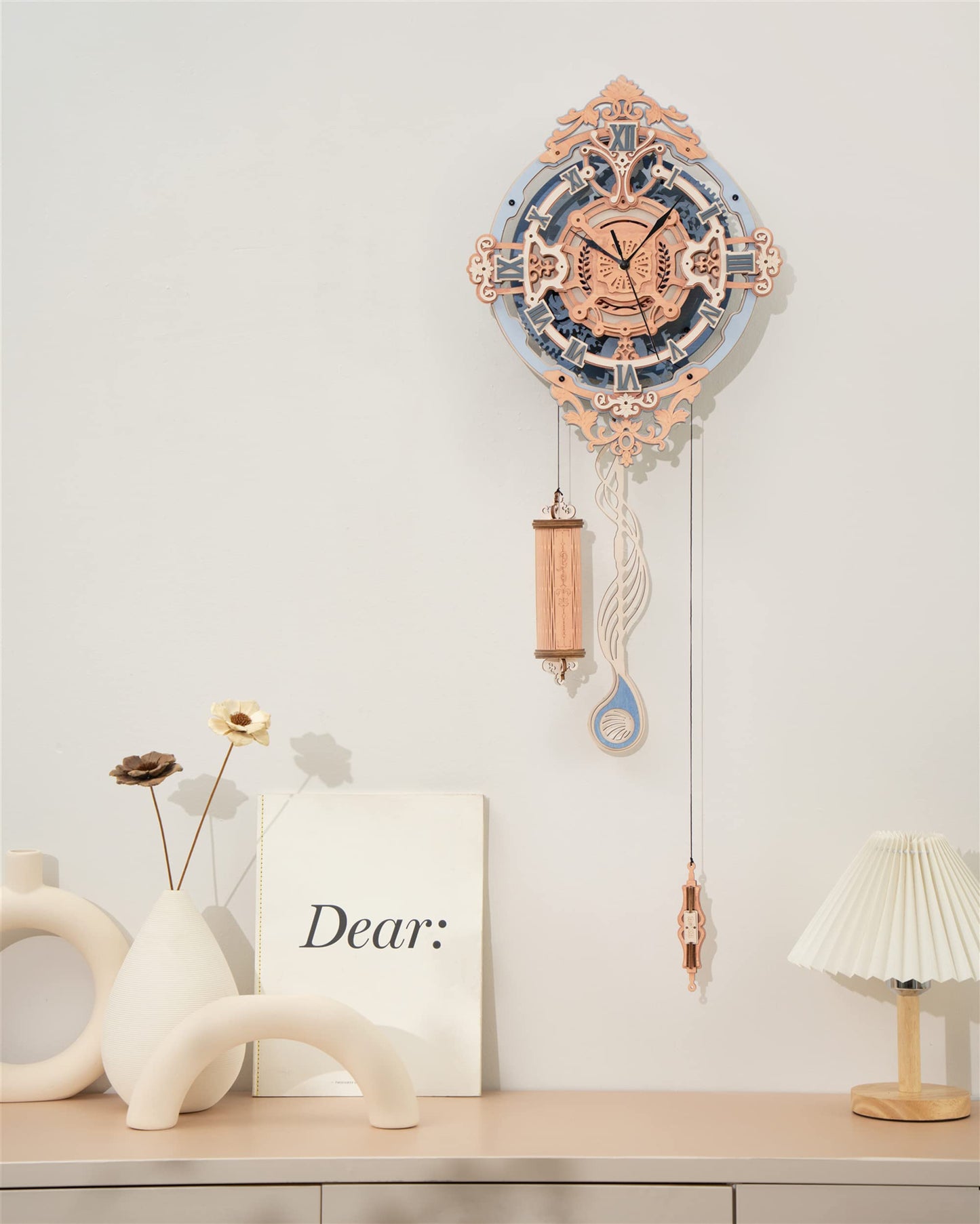 ROBOTIME Clock Wooden Puzzle, 3D Puzzle for Adults Wooden Metal Mechanical Model Clock Kits to Build, Hobbies Gift for Men Aesthetic DIY Decoration Wall Clock with Pendulum