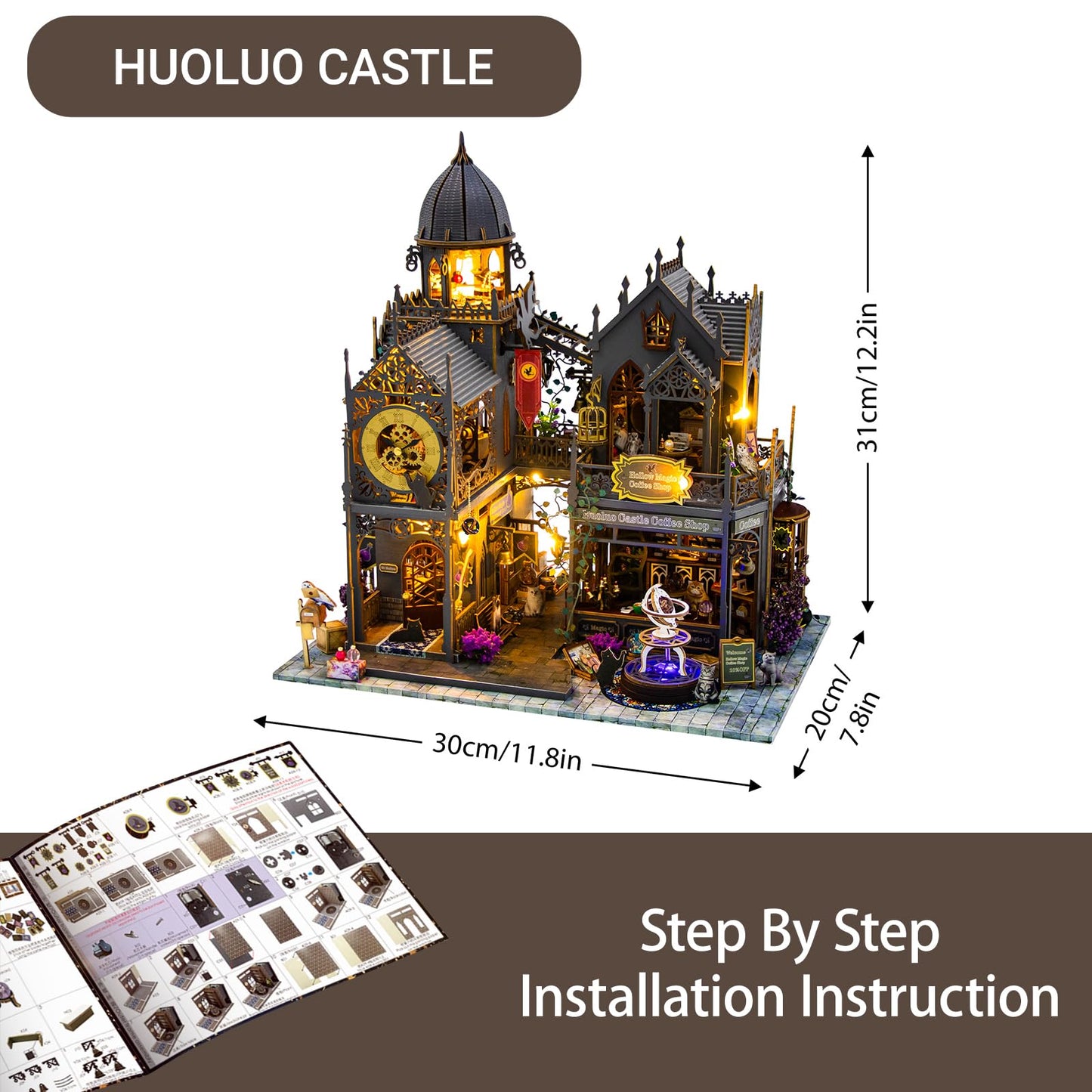 PANZIYU DIY Miniature House Kit, Dollhouse for Adults to Build, Birthday/Christmas Day Gift for Family and Friends, Magic Castle, Haunted Dollhouse, Prefab Tiny Home with LED Lights(Huoluo Castle)