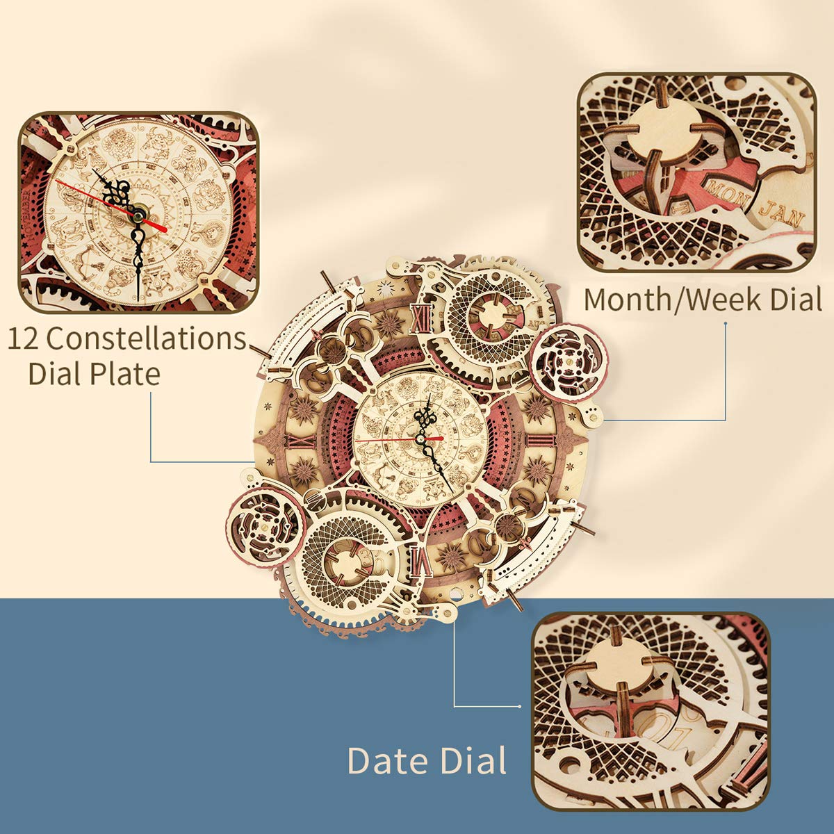 ROKR 3D Wooden Puzzle Clock Model 12"– DIY 168 PCS Mechanical Model Kit Toys Home Decor Elegant Gifts for Teens/Adults