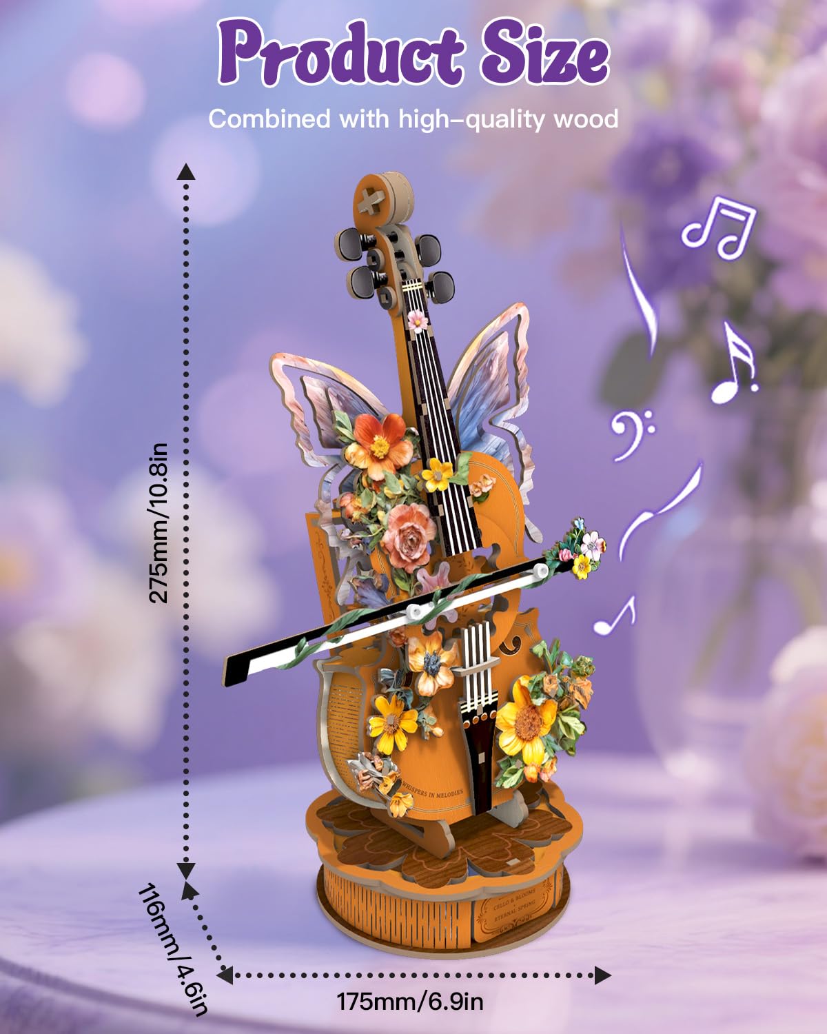 Rnfinewow 3D Wooden Puzzles for Adults, DIY Cello Model Kit with Base, 80pcs Wooden Music Box Desk Birthday Hobbies Craft for Women Men Home Decor