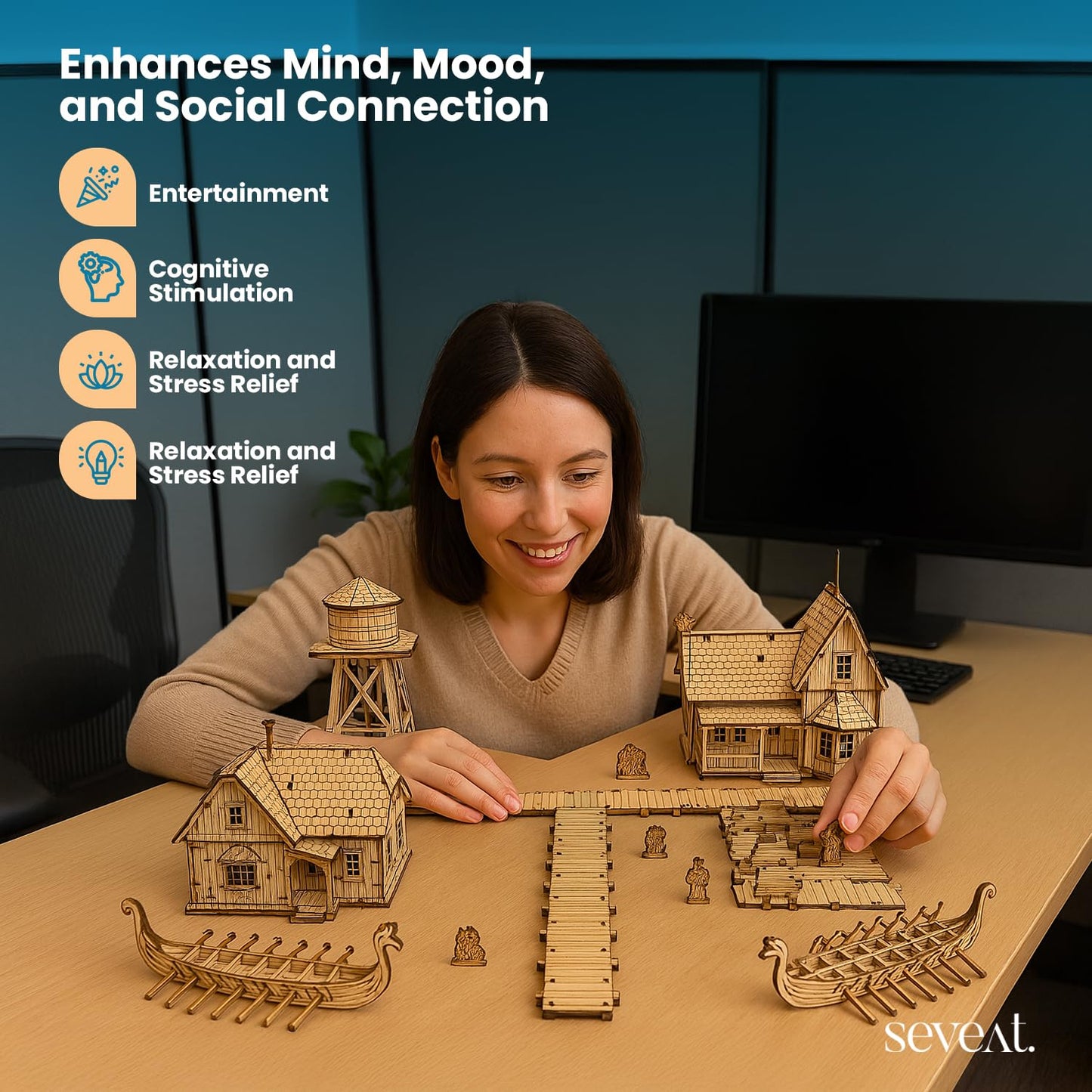 Seveat Mechanical 3D Wooden Puzzles, Brain-Teasing Puzzle Game for Every Occasion, Ideal Gifts for Teens and Adults (Viking Fishery)