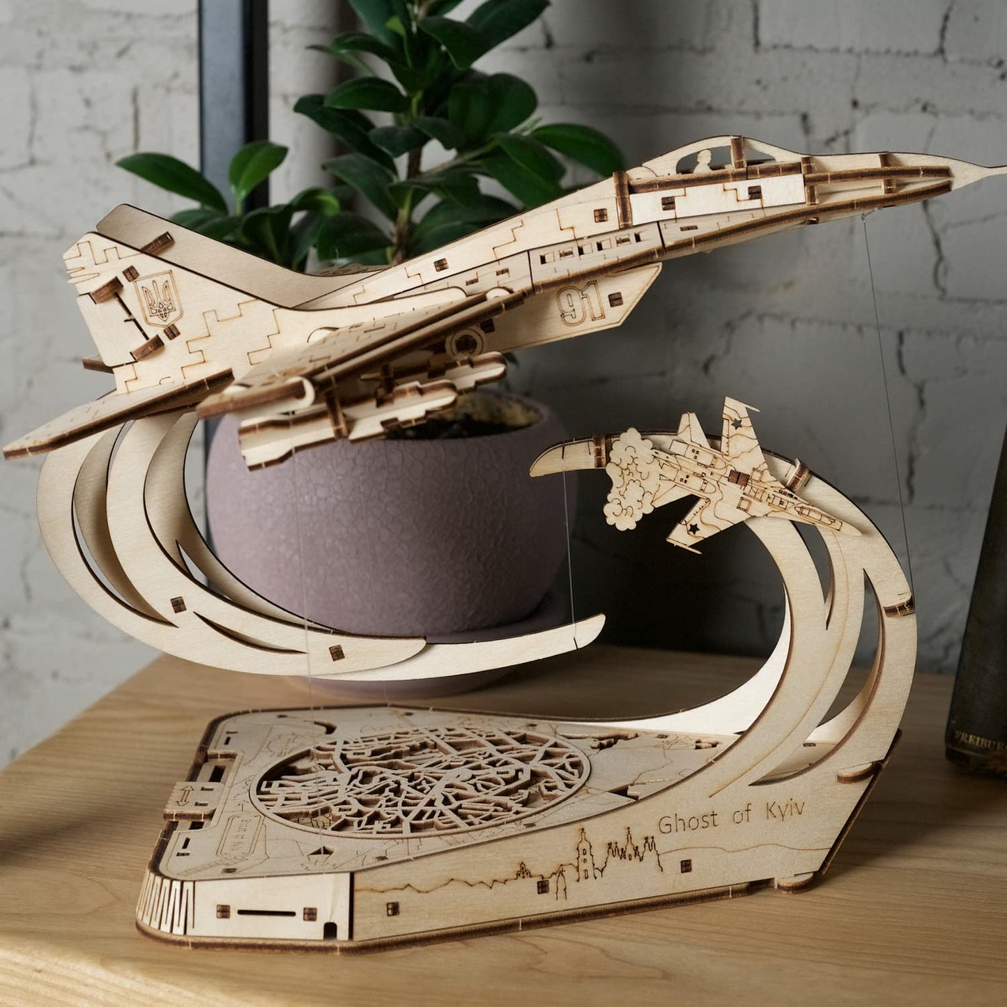 UGEARS Wooden Airplane Model Kits - The Ghost of Kyiv Ukrainian Fighter Jet Model Kit with Movable Ailerons, Wing Flaps & Tail Rudders - MiG-29 Military Aircraft - 3D Puzzles for Adults