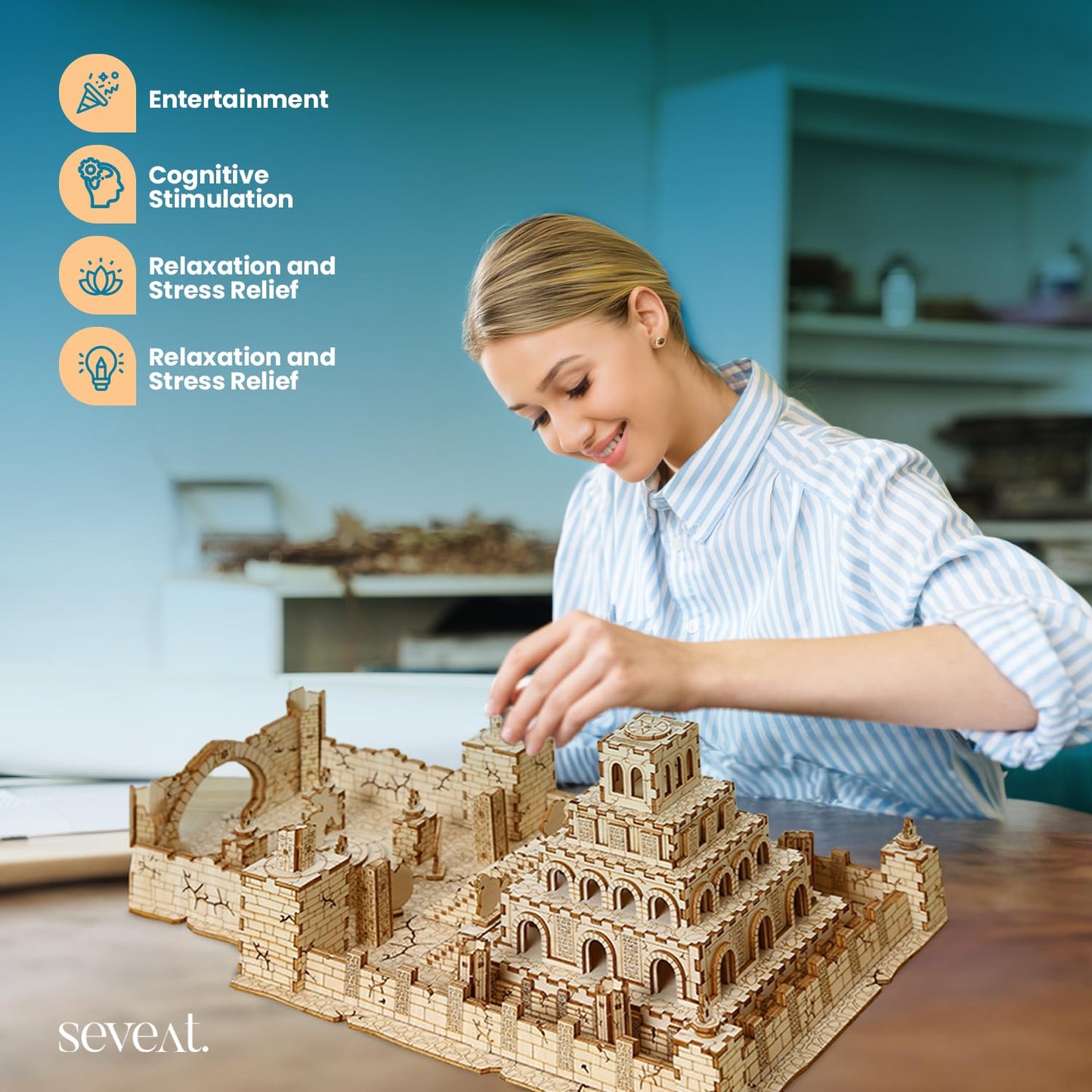 Seveat 3D Puzzles for Adults & Teens – 235-Piece Wooden DIY Ancient Temple Ruins Wooden Model for Adults to Build, Brain-Teasing Puzzle Game for Any Occasion (Ruins)