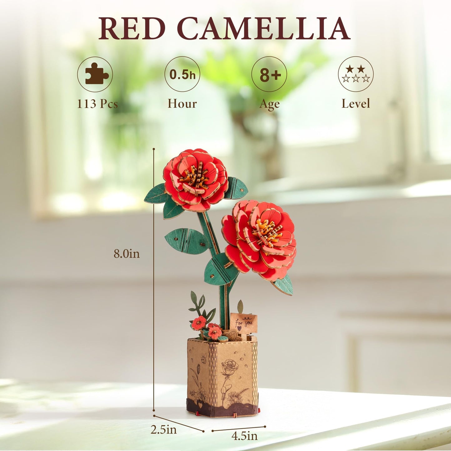 ROBOTIME 3D Puzzle Wooden Flower Red Camellia DIY Model Kit to Build for Adults Artifical Bouquet Collection Craft Brain Teaser Puzzle Creative Gift Home Decor