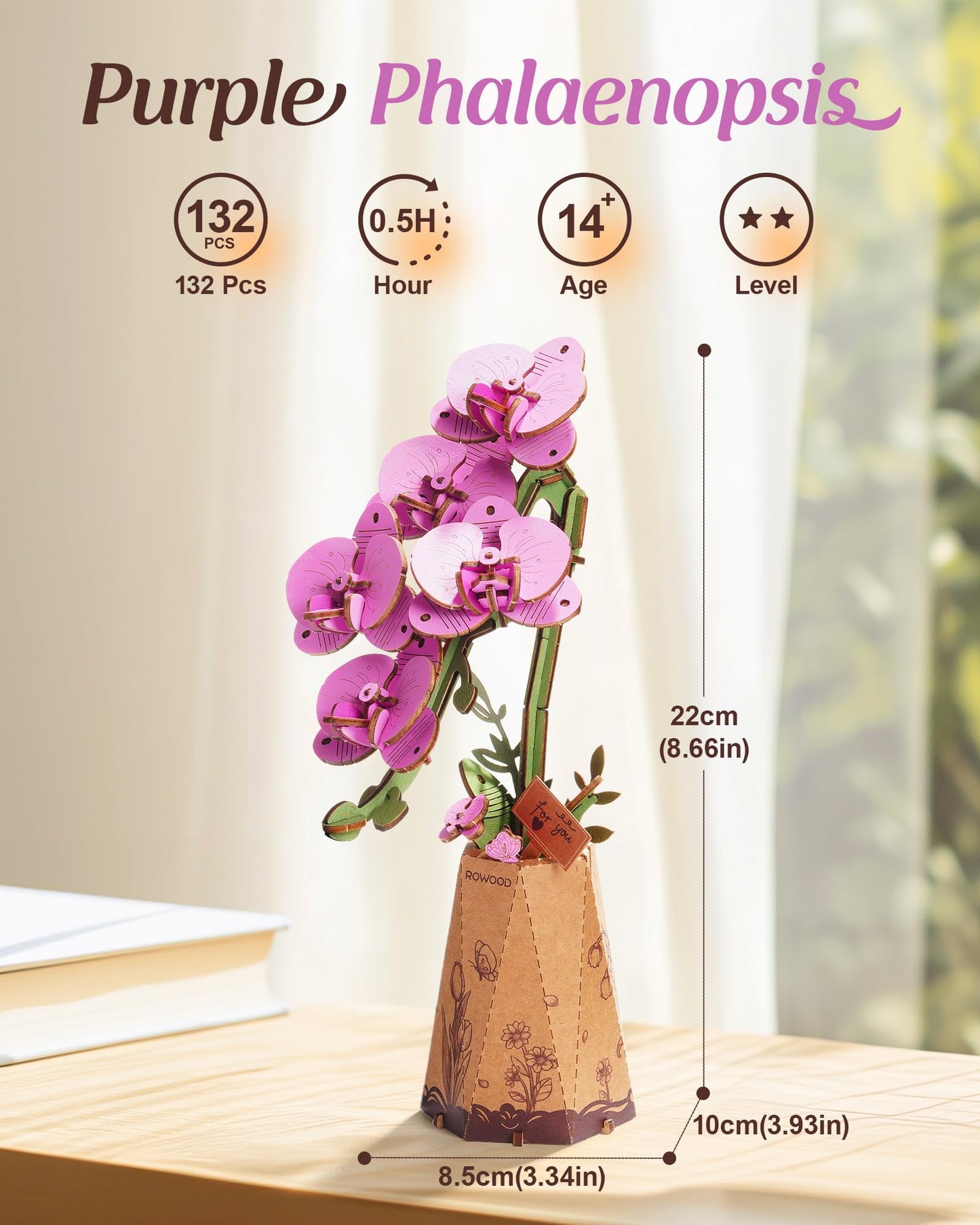 rowood Wooden Flower,3D Puzzles for Adults,Artifical Flower Botanical Collection Building Craft Kit,Mother's Day/Valentine's Day Purple Moth Orchid