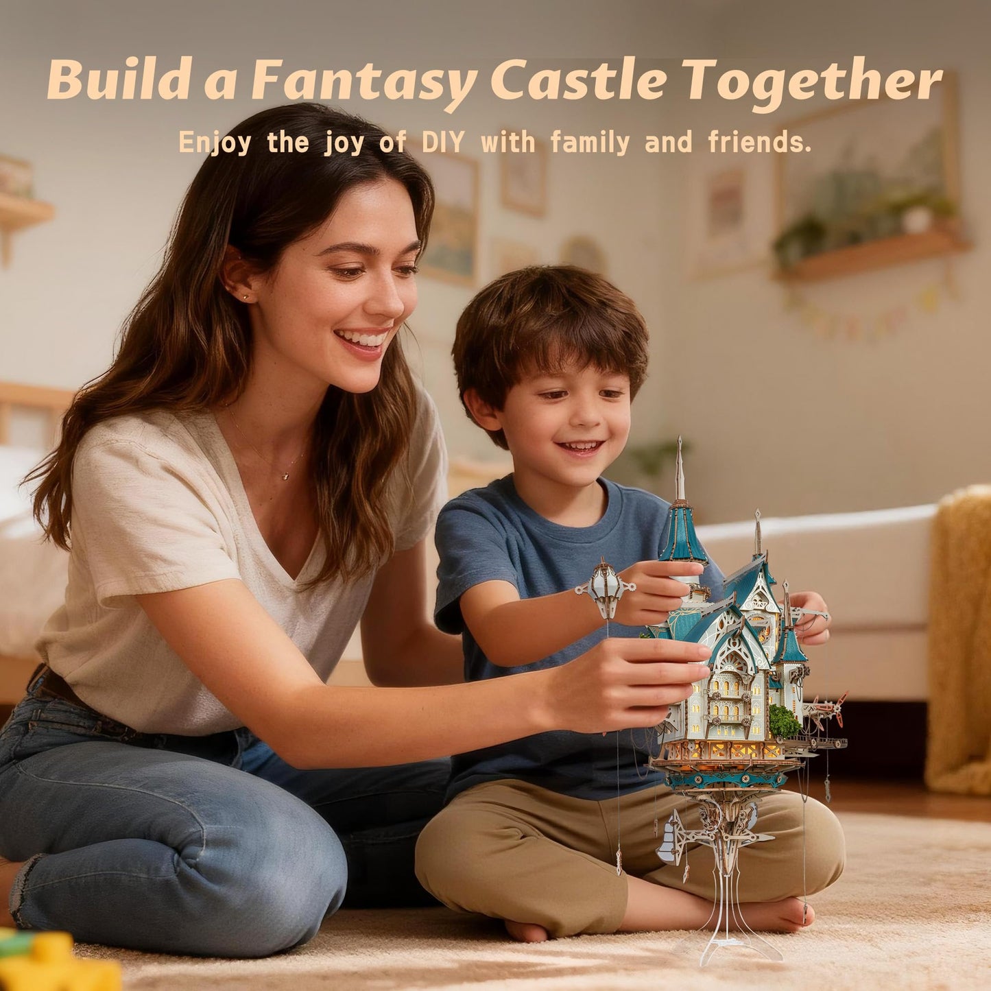 FUNPOLA 3D Wooden Puzzle Steam Castle Model – Steampunk Baroque Floating Castle DIY Building Kit with Mechanical Gears, Unique Gift for Adults and Teens