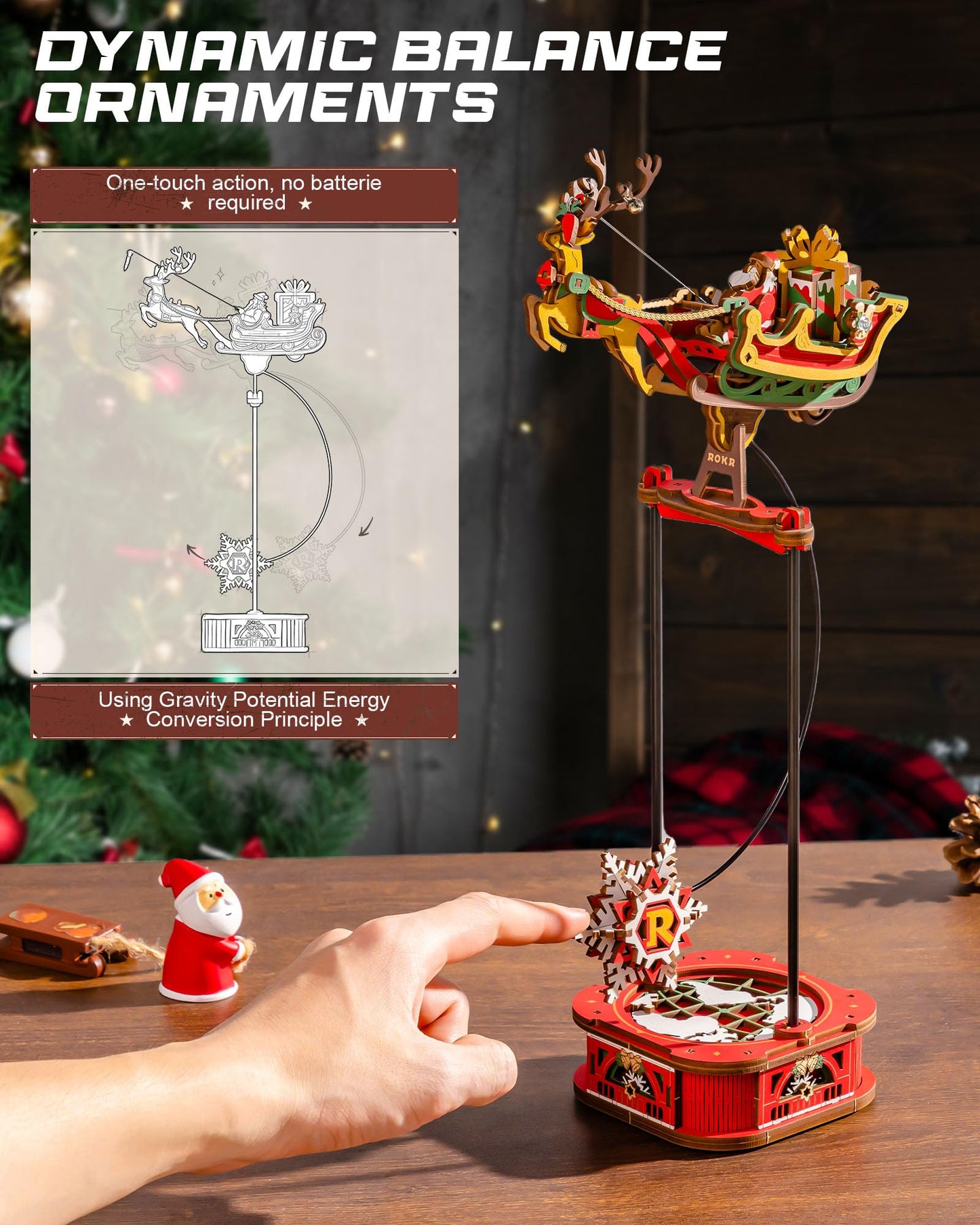 ROKR 3D Wooden Puzzle Santa on Sleigh Gravity Swing Series Wooden Model Kits DIY Dynamic Balance Christmas Decor,Mechanical Model Building Kit, for Teens and Adults