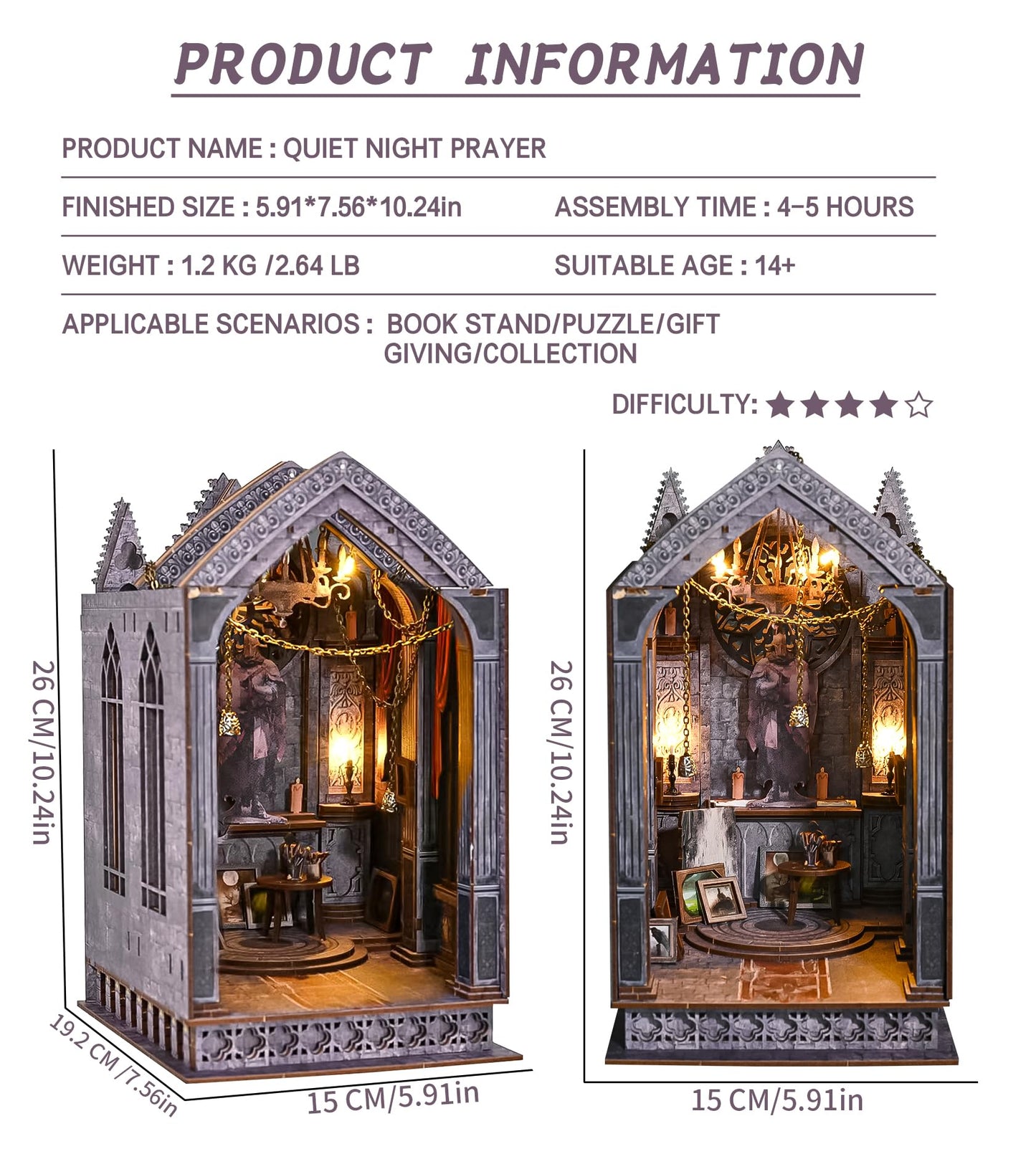 Spilay DIY Book Nook Kit, DIY Dollhouse Booknook Bookshelf Insert Decor Alley, Bookends Model Build-Creativity Kit with & LED for Teens and Adults Gifts (Quiet Night Prayer with LED)