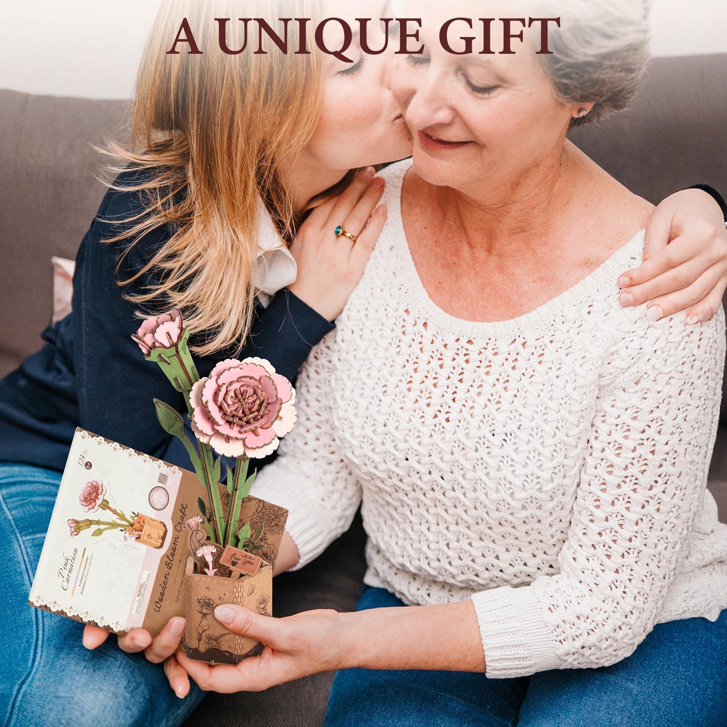 ROBOTIME 3D Pink Carnation Wood Flower Puzzle Kit TW051, DIY Artificial Table Centerpiece for Home Decor, Mother's Day, Birthday Gift for Mom and Women