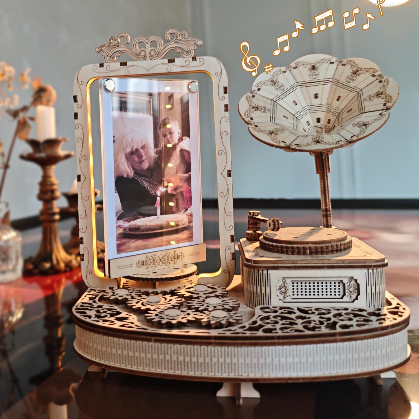 KWASVLYA 3D Wooden Gramophone - Dual-Motion Music Box & Rotating Photo Frame with LED Lights | Vintage Gram-Style Memory Display | 3-Hour Assembly Puzzle (Holds 3x5 Photos)