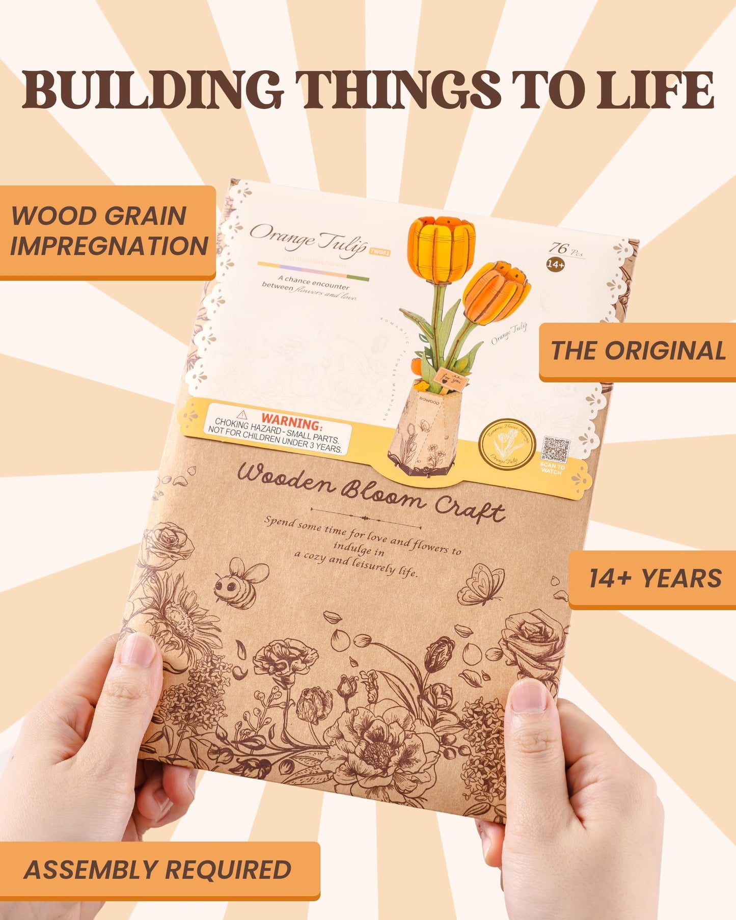 ROBOTIME 3D Puzzle Orange Tulip TW081, DIY Wooden Flower Craft, Artificial Flowers Model Kit to Assemble for Adults, Home Decoration and Valentine's Day Toy Gift Set