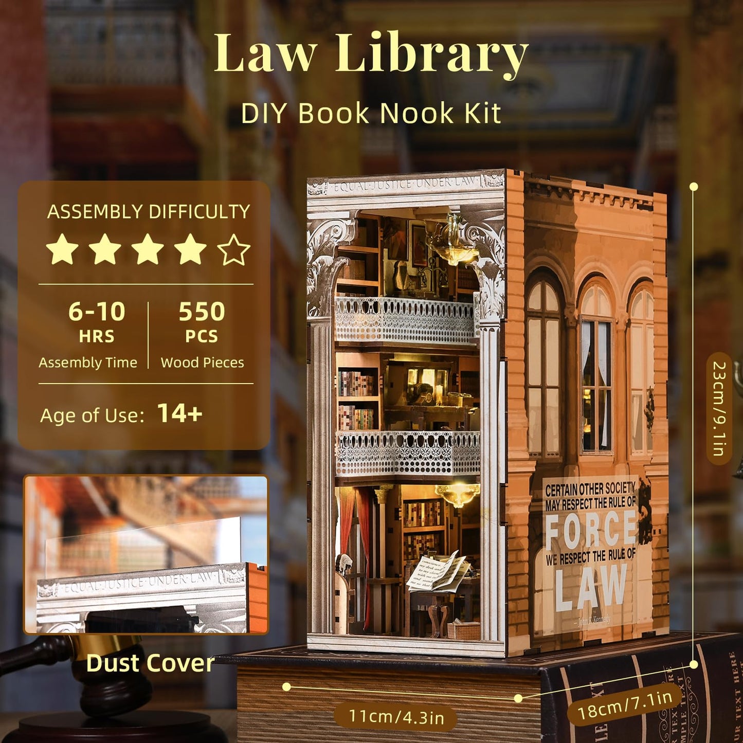 CCCDF DIY Book Nook Kit for Adults and Teens, Miniature Dollhouse Booknook Kit, 3D Wooden Puzzle Booknook Bookshelf Bookcase Model Build Kit Decor Alley with LED Light (Law Library)