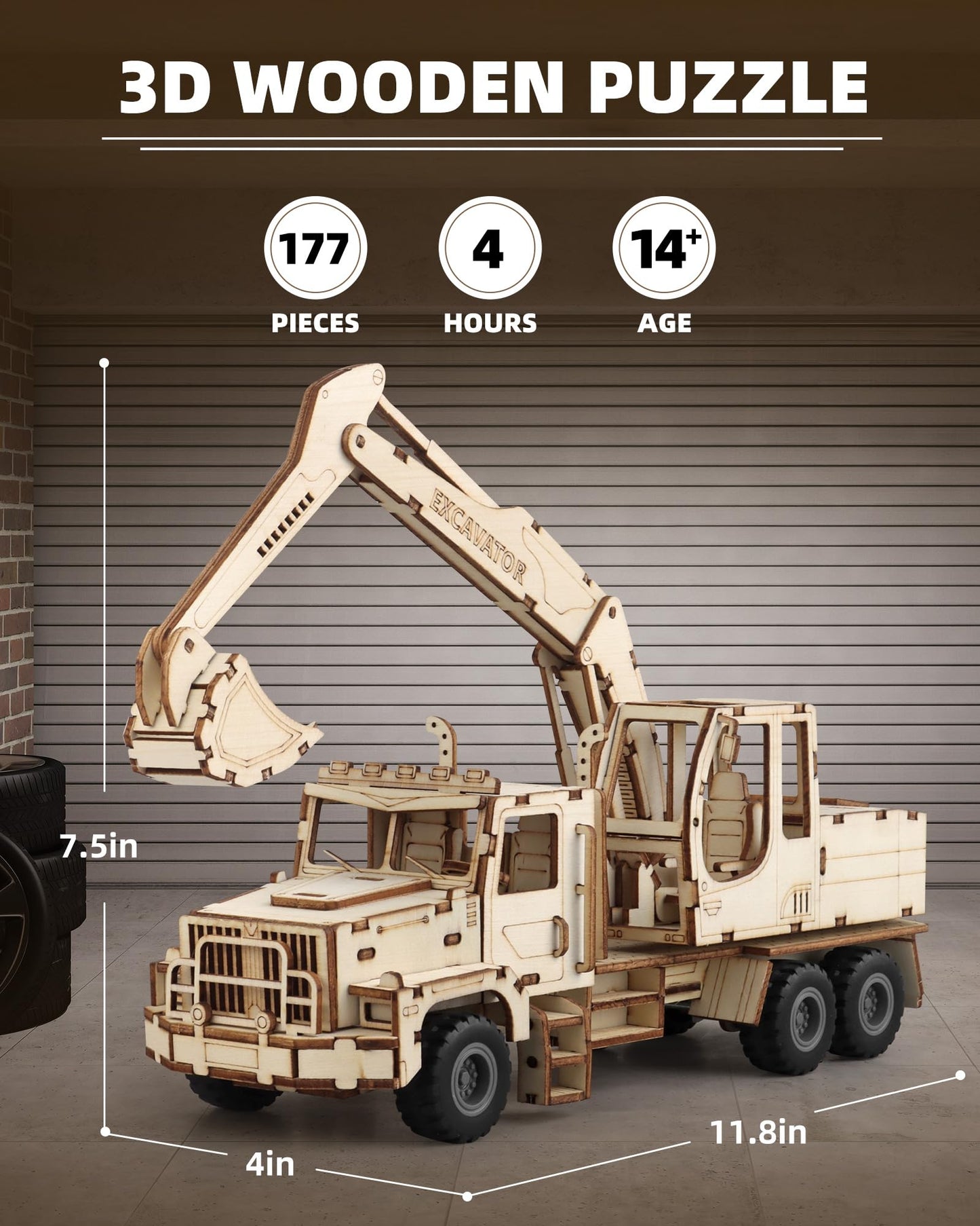 MOCBURIKU 3D Wooden Puzzle for Adults, Excavator Wooden Mechanical Model Car Kits to Build, Brain Teaser Pull Back Truck Toys Birthday for Men Women (Excavator)