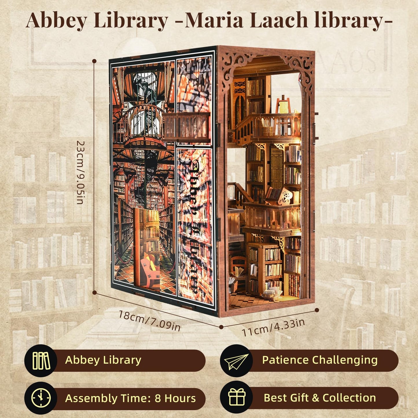 CCCDF Book Nook Kits for Adults, DIY Book Nook Kit Miniature House Dollhouse Kit, 3D Wooden Puzzle Booknook Bookend Bookshelf Decor Model Build with Dust Cover (Abbey Library)