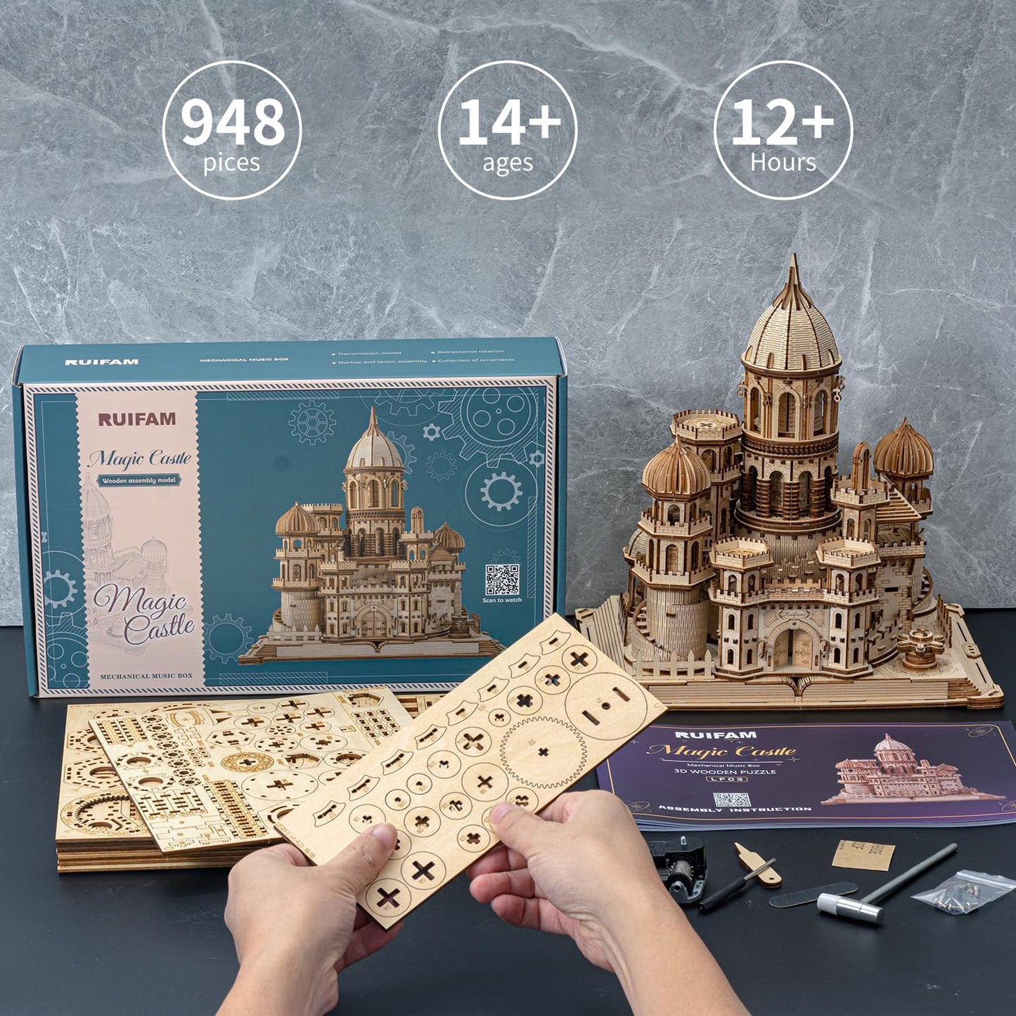 RUIFAM 3D Wooden Puzzles DIY Mechanical Wooden Wide Model Kit 1000 Pcs 3D Puzzles for Adults Teens 14+Years Puzzle Enthusiasts Box Clockwork Enchanted Castle