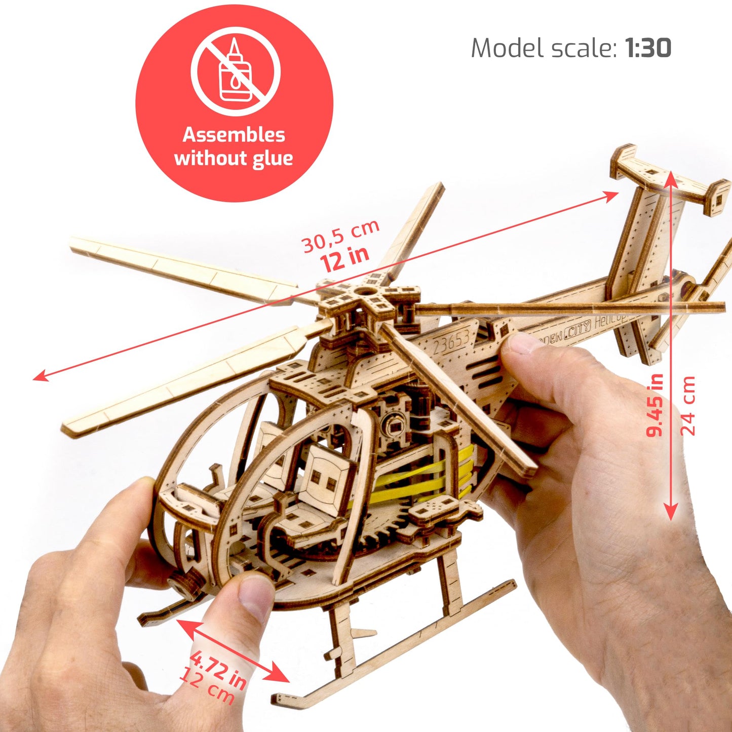 WOODEN.CITY Helicopter 3D Wooden Puzzle – Wooden Model Kit for Adults, 173-Piece Mechanical Helicopter with Working Rotor, DIY Aircraft Model, Made in EU