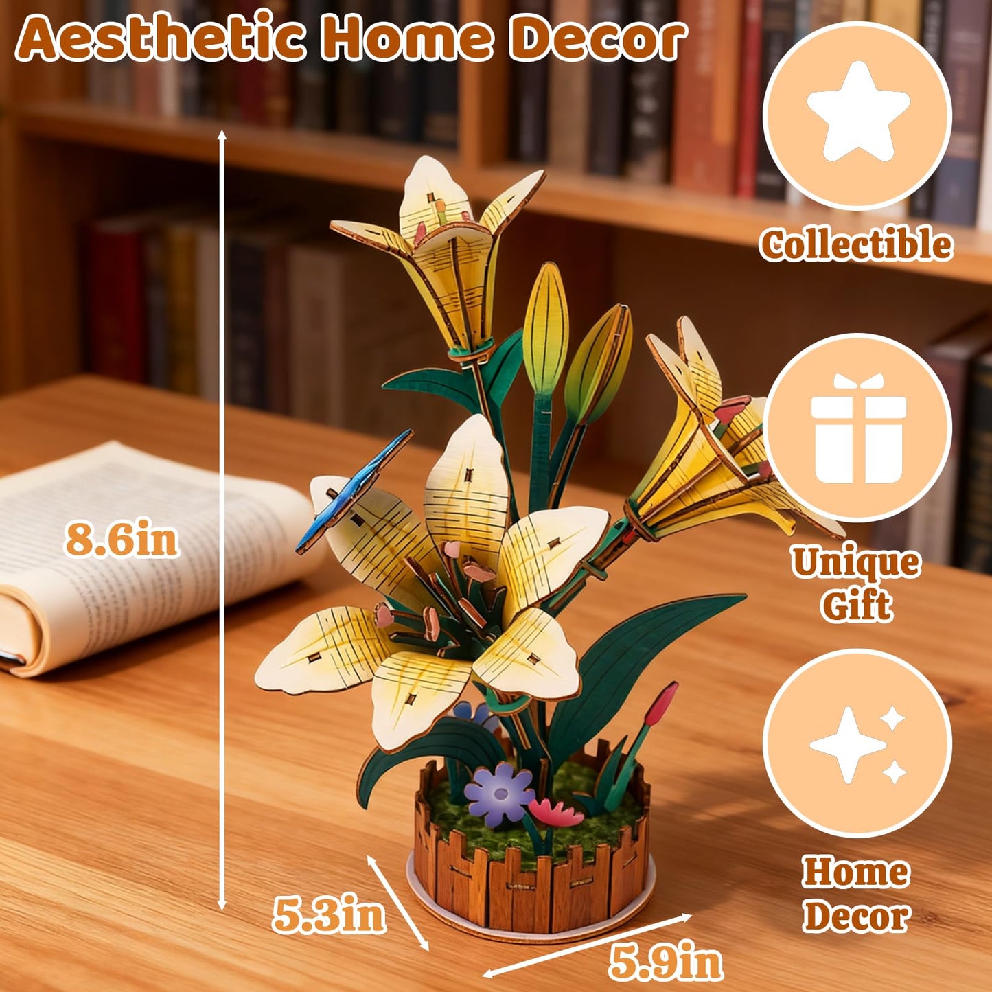 3D Wooden Flower Puzzles for Adults Lily, DIY Flower Building Set Wooden Craft Kits Home Decoration, for Women Mom Birthday Thanksgiving Christmas Valentine's Day