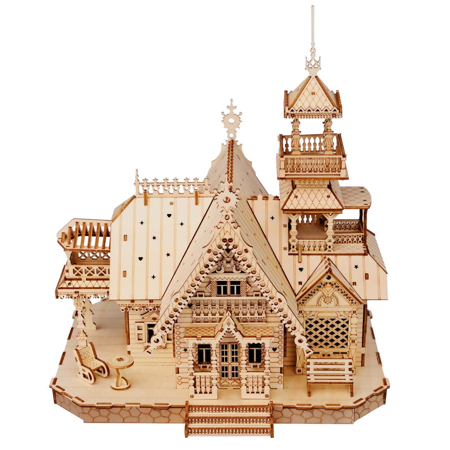KWASVLYA Vintage Villa 3D Wooden Puzzle,Building Kits for Adults and Teens,Educational Brain Teaser Assembly Model with LED Lights,Skill Building and Creative Fun