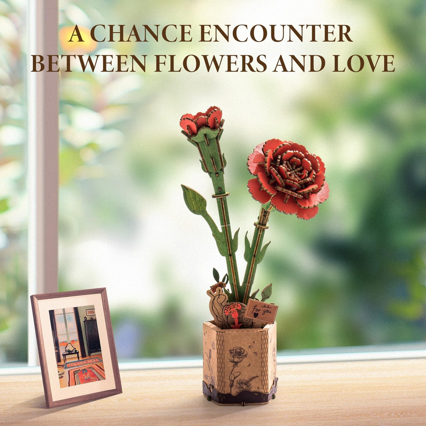 ROBOTIME 3D Wooden Flower Puzzle, Red Carnation DIY Craft Kit for Adults. Artificial Flower Decor for Table, Centerpiece, Home, Unique Gift for Mom, Wife, Women