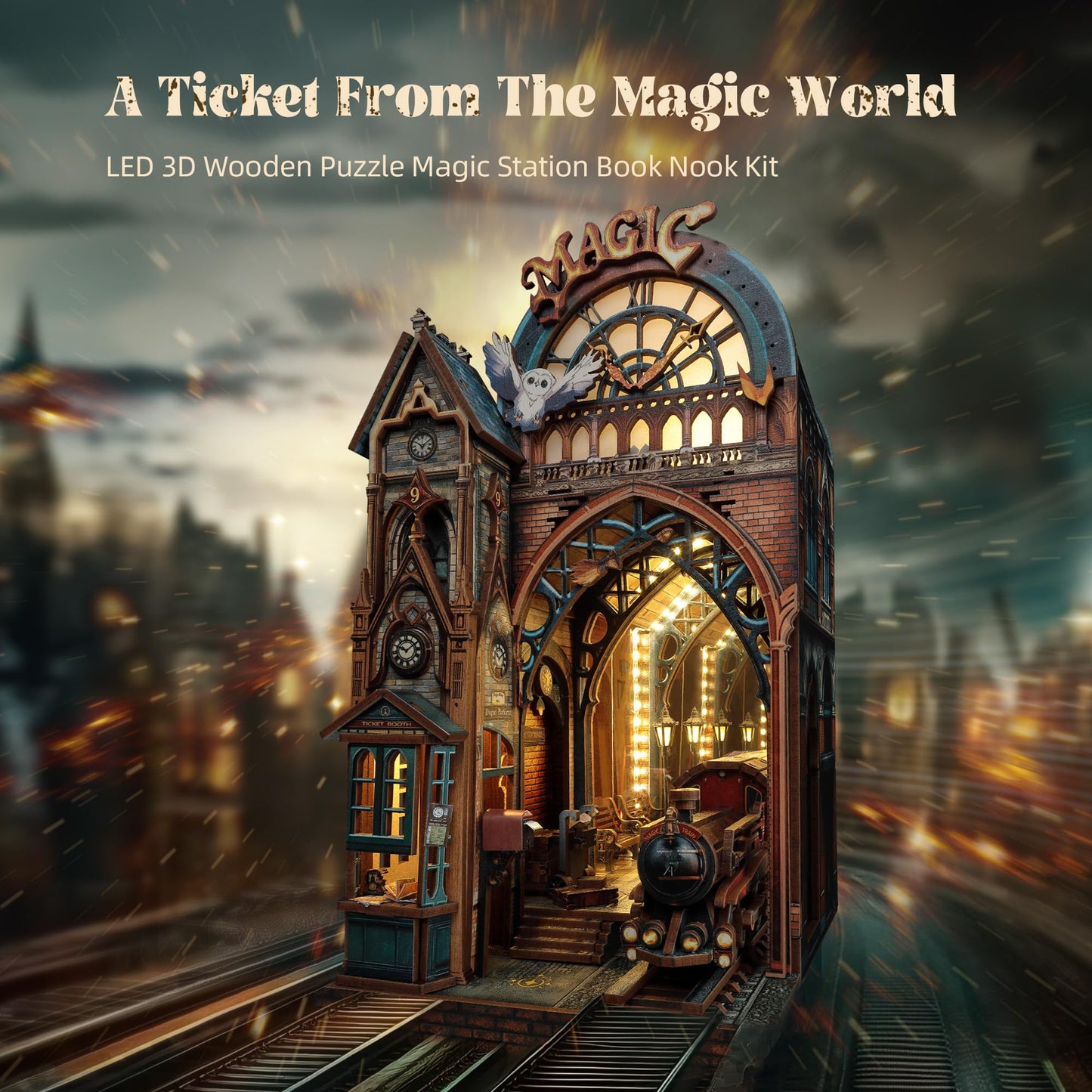 FUNPOLA LED 3D Puzzle Magic Station Book Nook Kit - Interactive 3D Wood Puzzle LED Magical Miniature with Infinite Extension Space - DIY Bookshelf Insert Decor Gifts