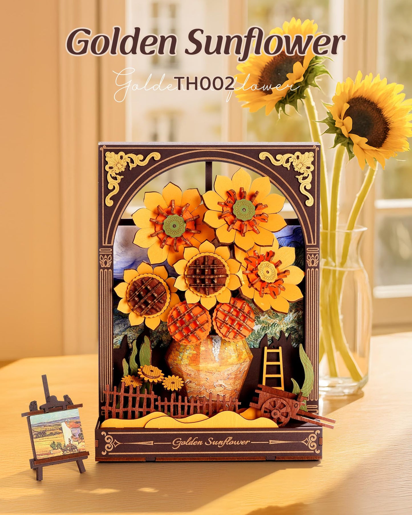 Wowood 3D Wooden Puzzles for Adults - Van Gogh Golden Sunflower DIY Model Building Kits with LED Light - Home Decor, Wall Art & Unique Creative Gifts for Art Lovers