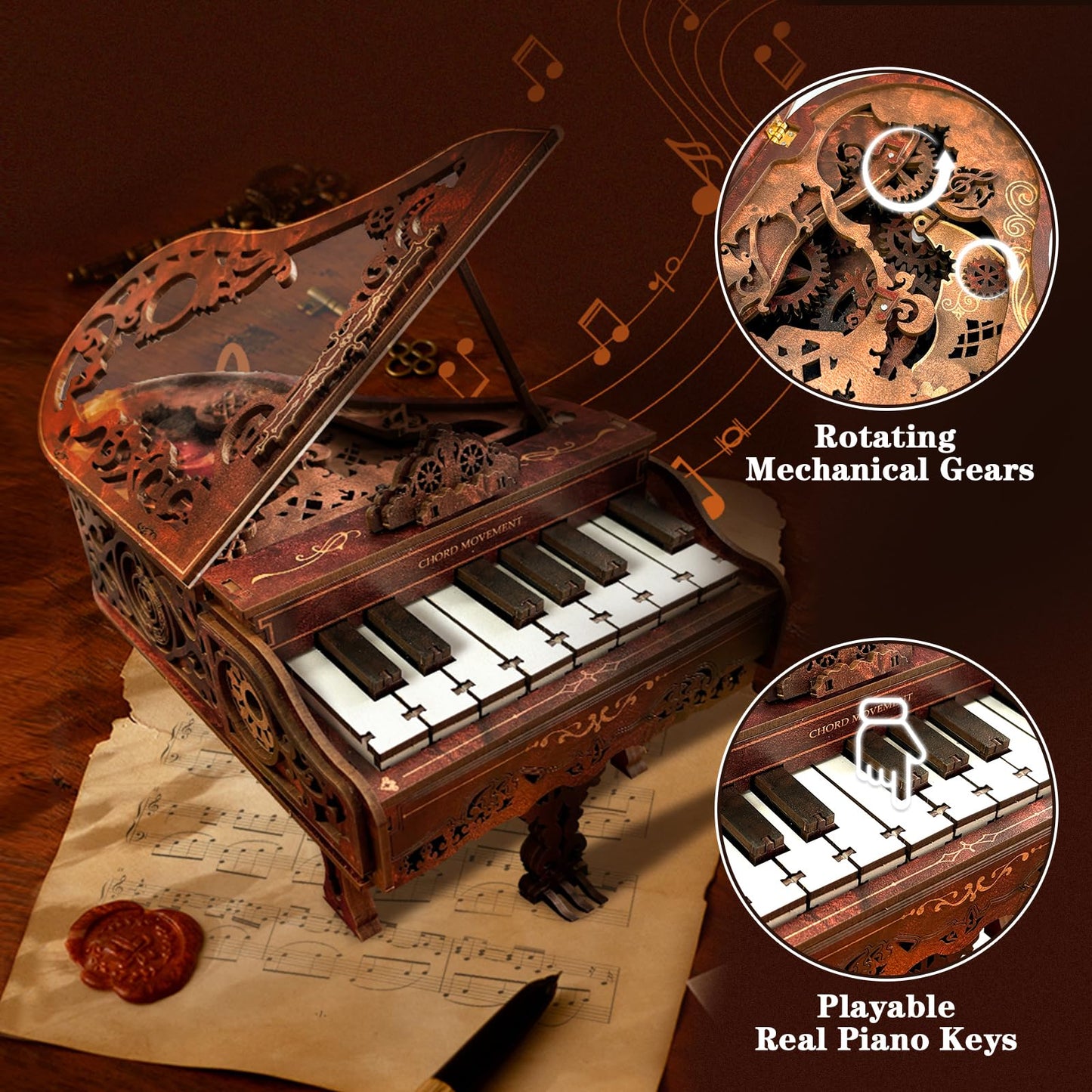 3D Wooden Puzzles for Adults, 236pcs Playable Piano Model Kit 1:20 Scale Building Puzzles Wooden Music Box, Mechanical 3D Puzzles Musical Instrument, Creative Finger Piano Desk Decor Unique Gift