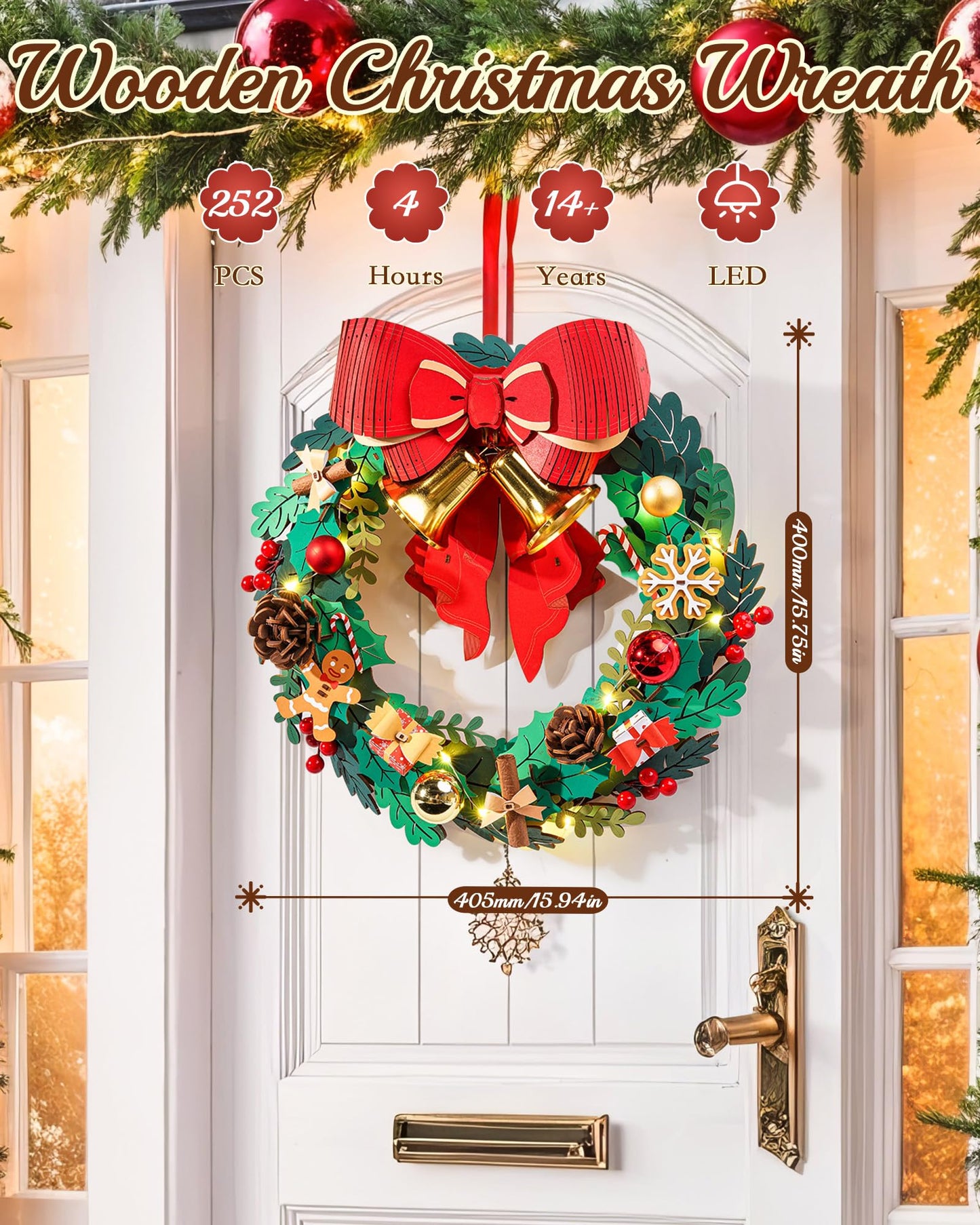 ROBOTIME Christmas Wreath with Red Bow, Pine Cones, Berries & Bells 3D Wooden Puzzles for Adults Creative Gifts for Holiday Window Fireplace Door Decorations