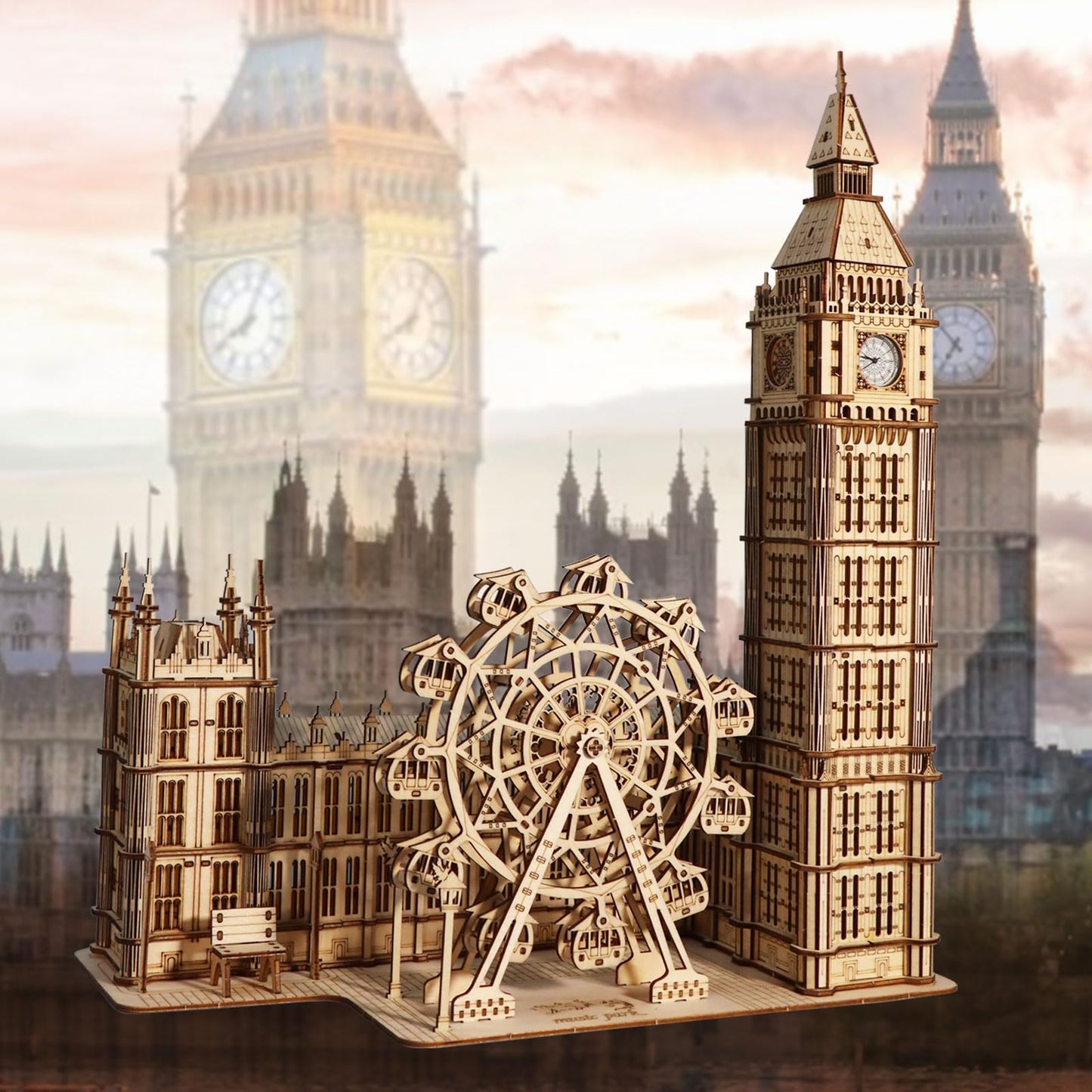 Music Park 3D Puzzles Big Ben Real Clock with Night Light Wooden Model Kits for Adults to Build Ferris Wheel Craft Christmas and Birthday Gifts Home Decoration