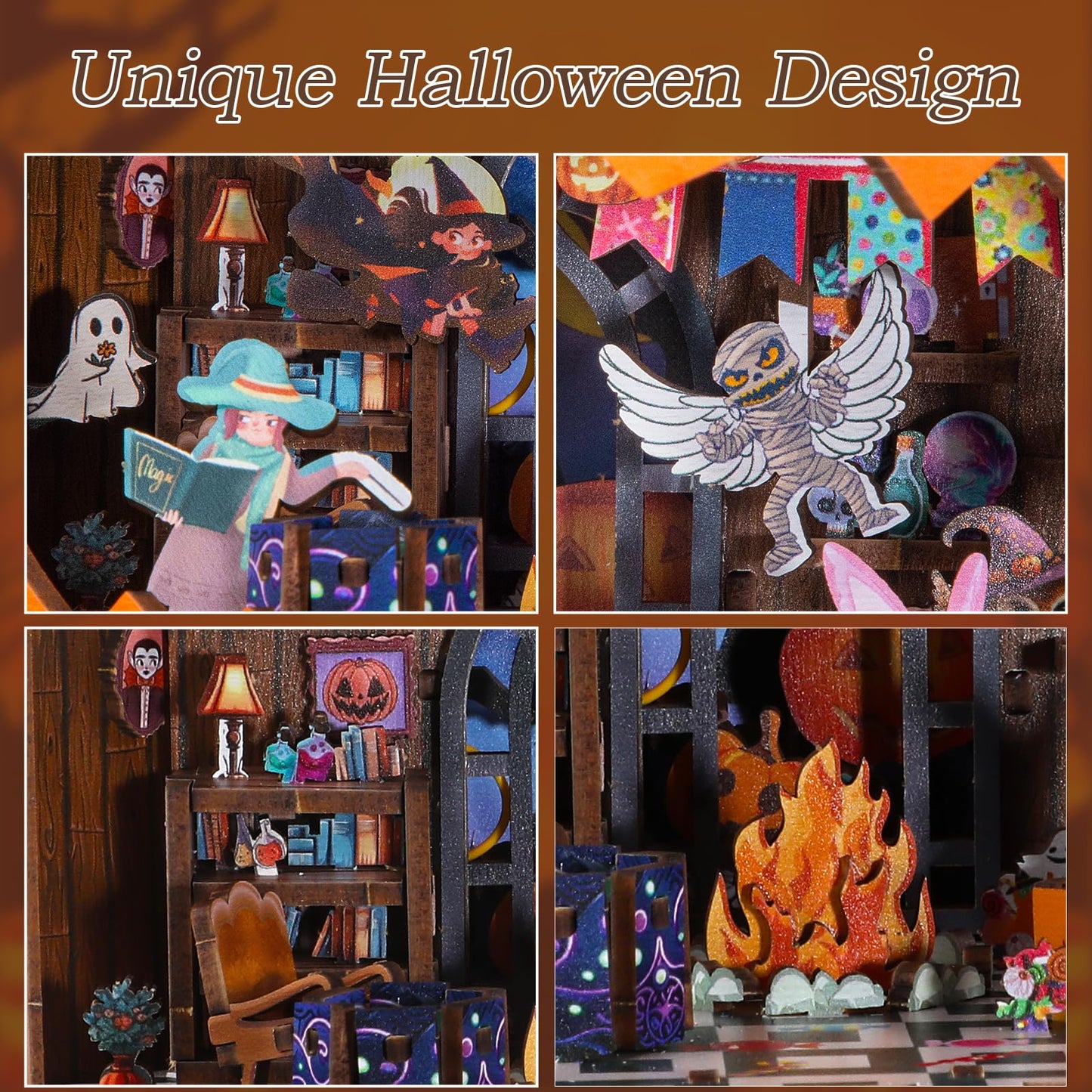 Halloween 3D Wooden Puzzles for Adults, 274 PCS Pumpkin Carriage Puzzle Kit Model with Lights, Music Box & Running Carriage, Boo Basket Stuffers Halloween Toy Gift for Teens, Men & Women