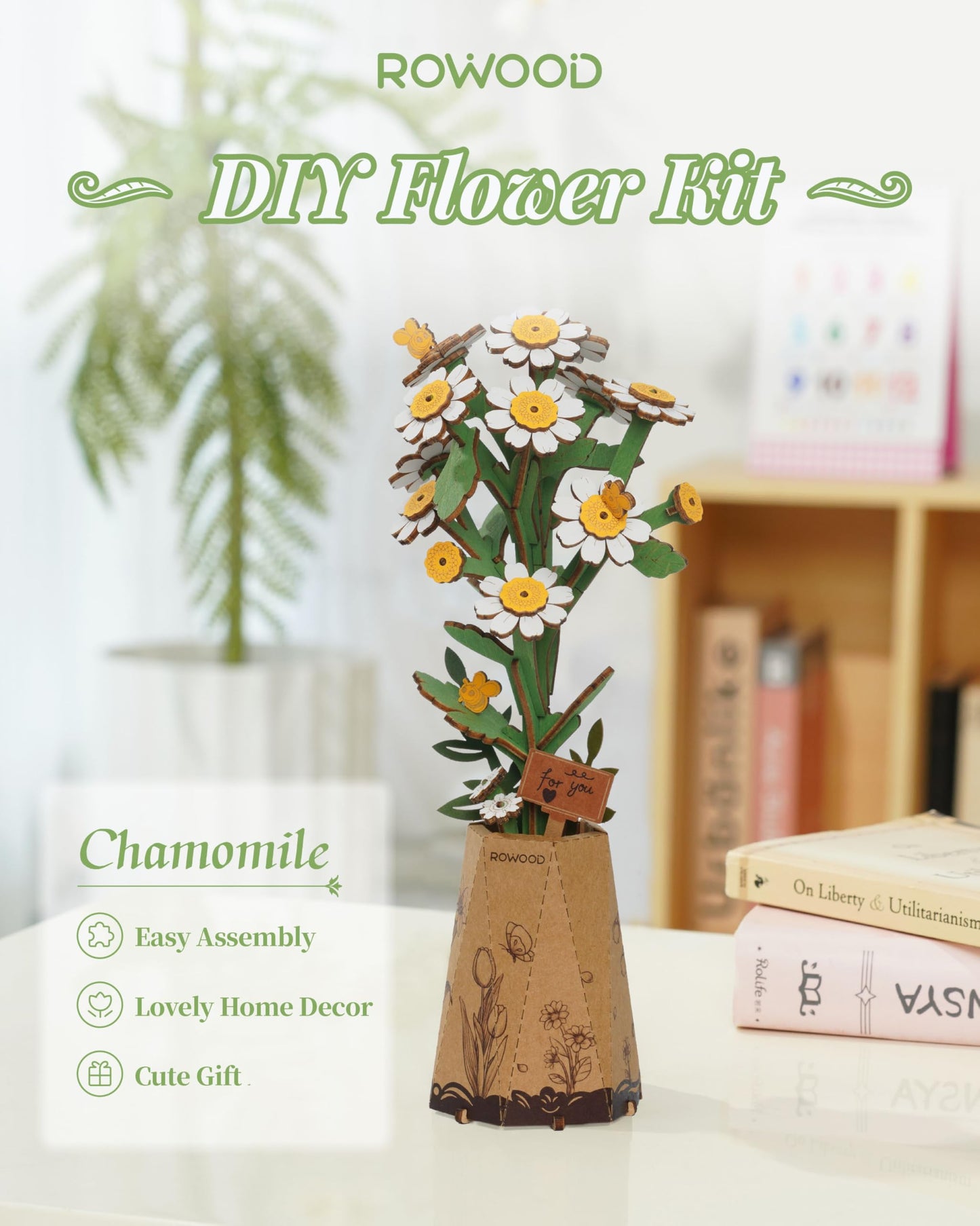 rowood 3D Puzzle Wooden Flower,DIY Flower Building Block Set Craft Kit,Mother's Day/Valentine's Day/Teacher's Day/Thanksgiving/Christmas/Birthday Gift for Mom/Grandma-Chamomile