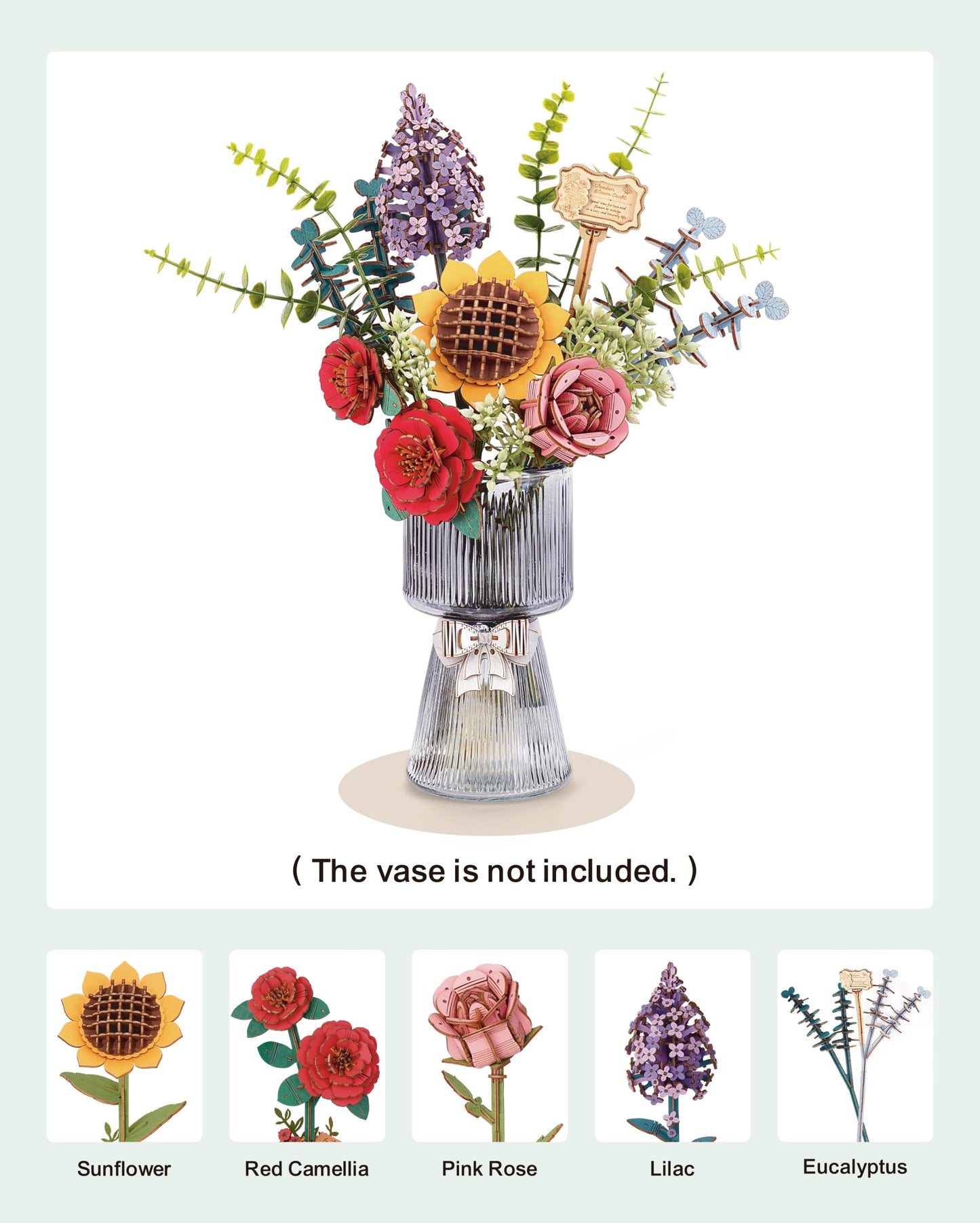 Wowood 3D Wooden Puzzles Flower Bouquet Model Kit Building Set for Adults, Wooden Flower Building Toy Botanical Collection, Creative Gift Idea Home Decor(Sunflower/Red Camellia/Pink Rose/Lilac)