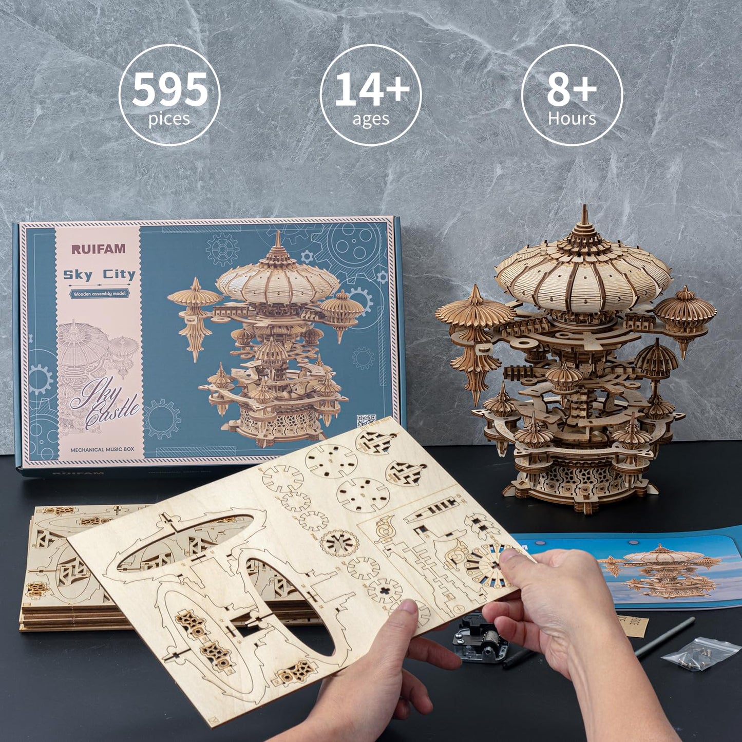 RUIFAM 3D Wooden Puzzles for Adults, SkyCity Music Box Model Kit, 600+ Pcs Cityscape Design, Challenging Mechanical DIY Craft, STEM Toy and Unique Gift for All Occasions