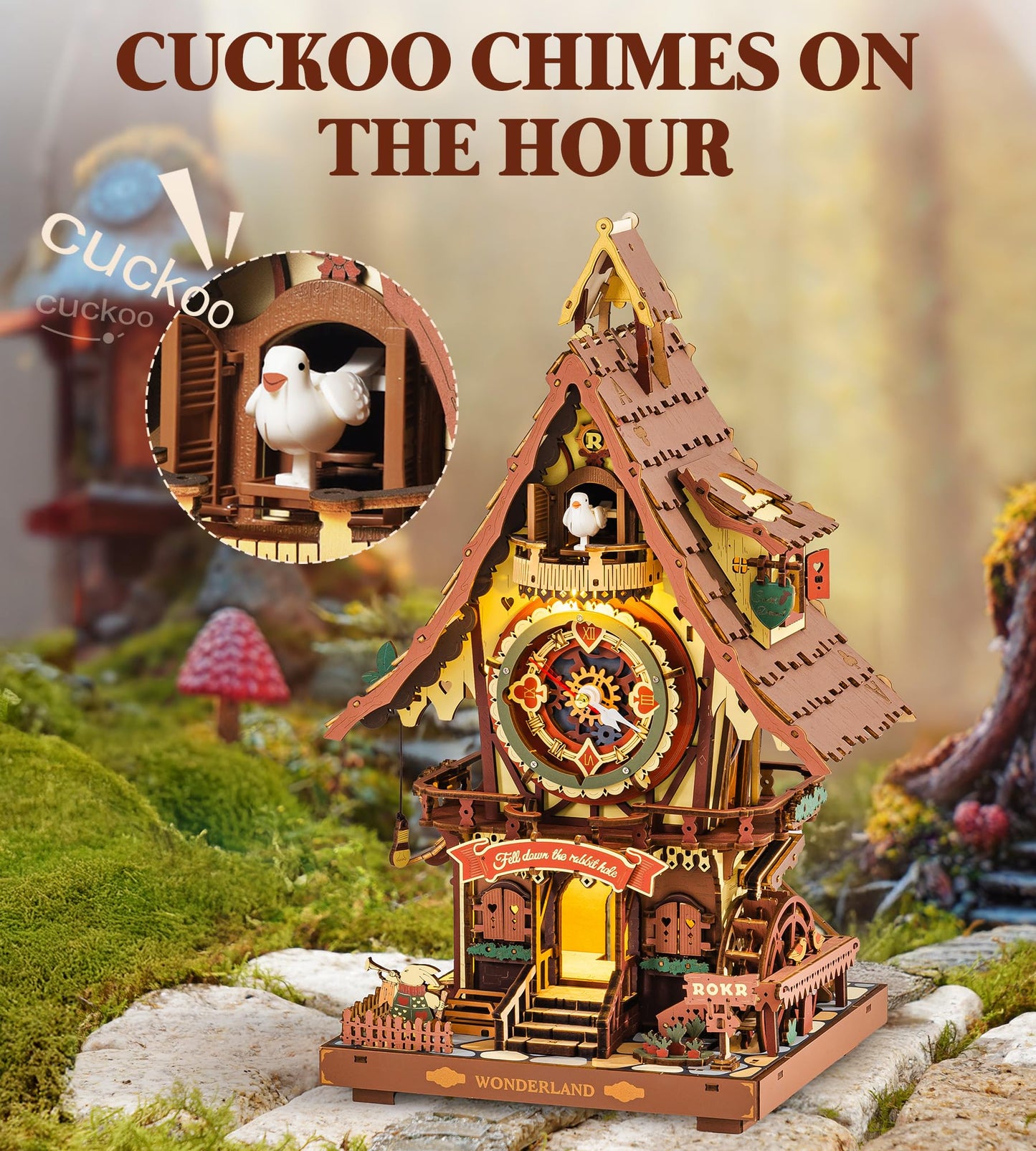 ROKR Cuckoo Clock Mechanical 3D Wooden Puzzle Kit for Adults, DIY Wooden Clock Model Building Set, Unique Home Decor Gift for Women Men