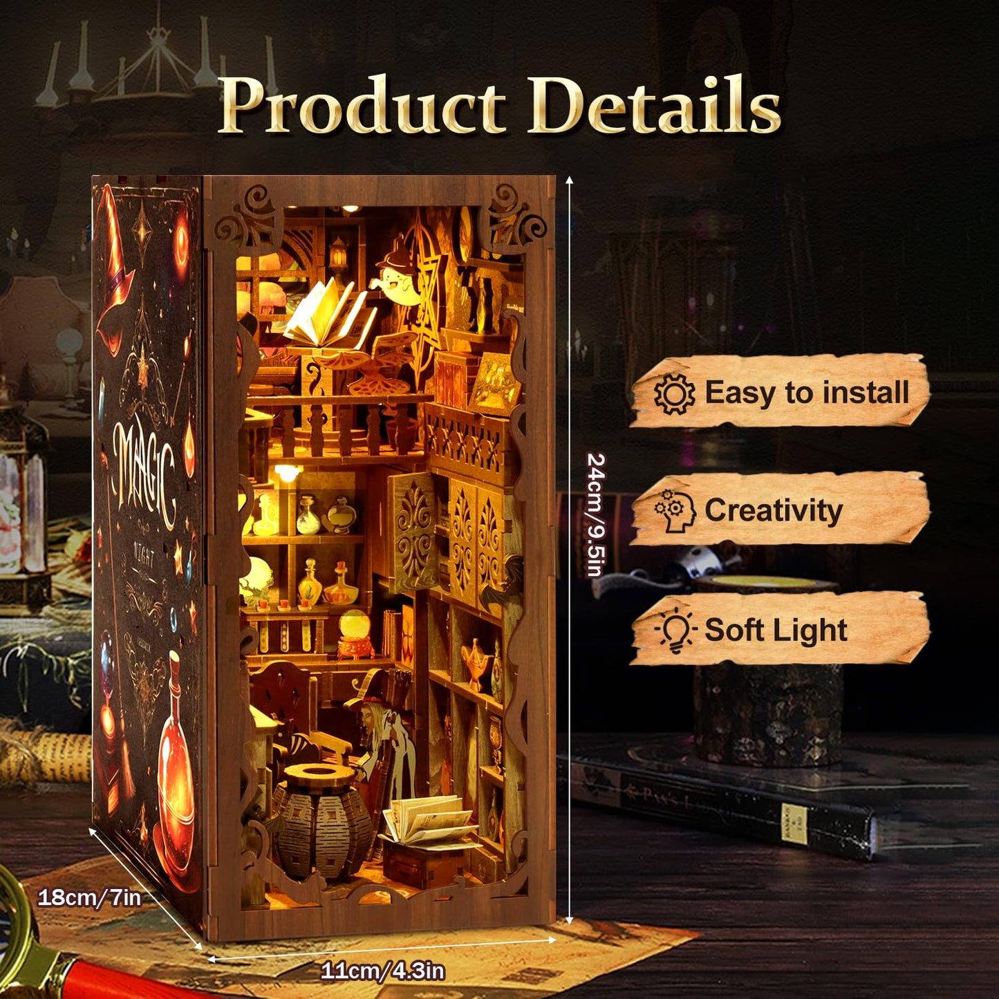 Book Nook Kit for Adult - THRIVINGIVAN Miniature Model Build Dollhouse Kit 3D Wooden Puzzle with Sensor Led Light for Bookshelf Bookend Insert Decor Adults Teen Crafts(Magic Bookstore)