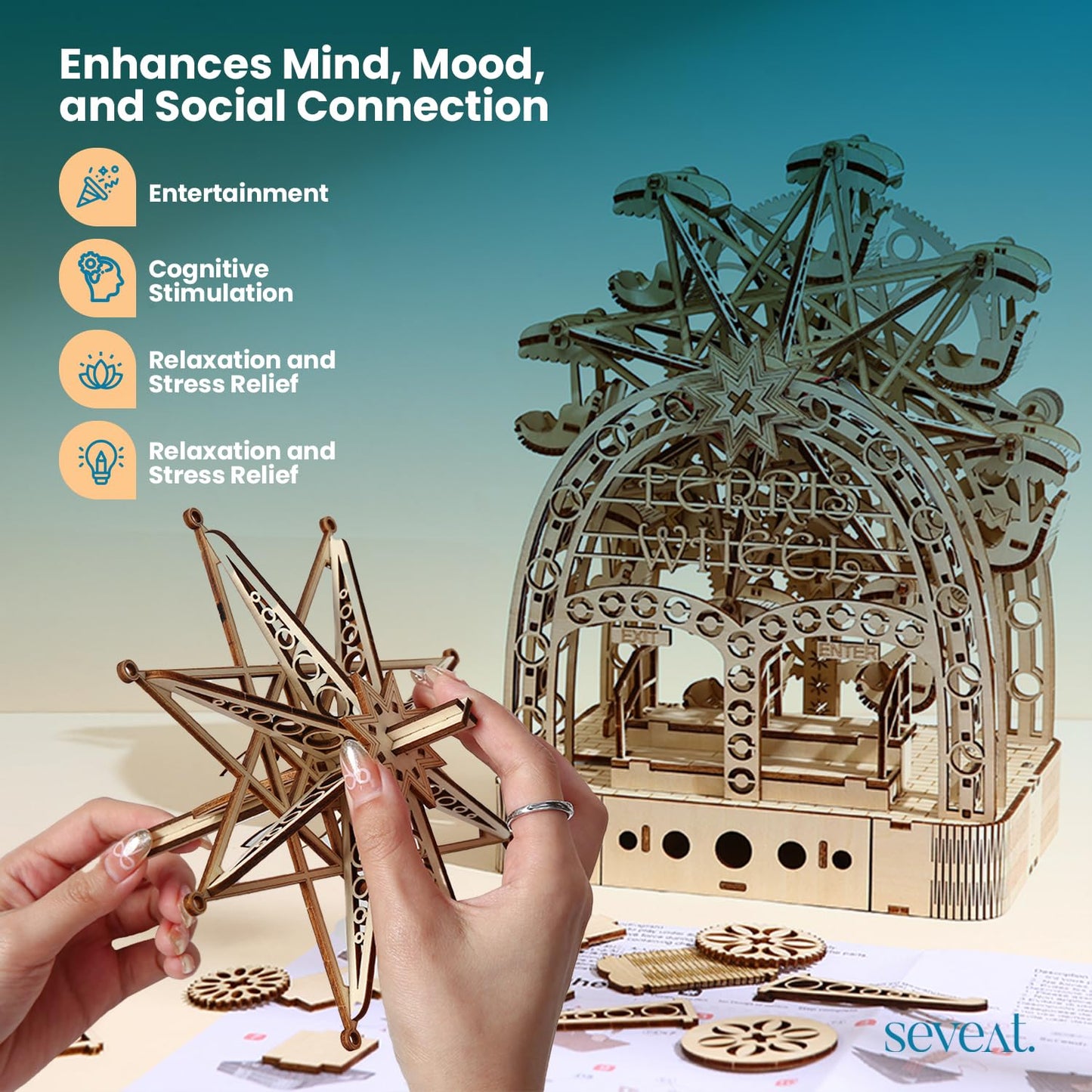 Seveat Mechanical 3D Wooden Puzzles, Brain-Teasing Puzzle Game for Every Occasion, Ideal Gifts for Teens and Adults (Ferris Wheel)