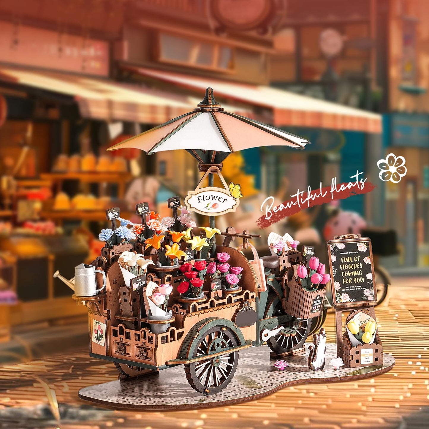 ROBOTIME 3D Puzzles for Adults DIY Model Kit to Build Floral Cart Wooden Puzzle Craft Kit Toy Hobby Gift Home Decor