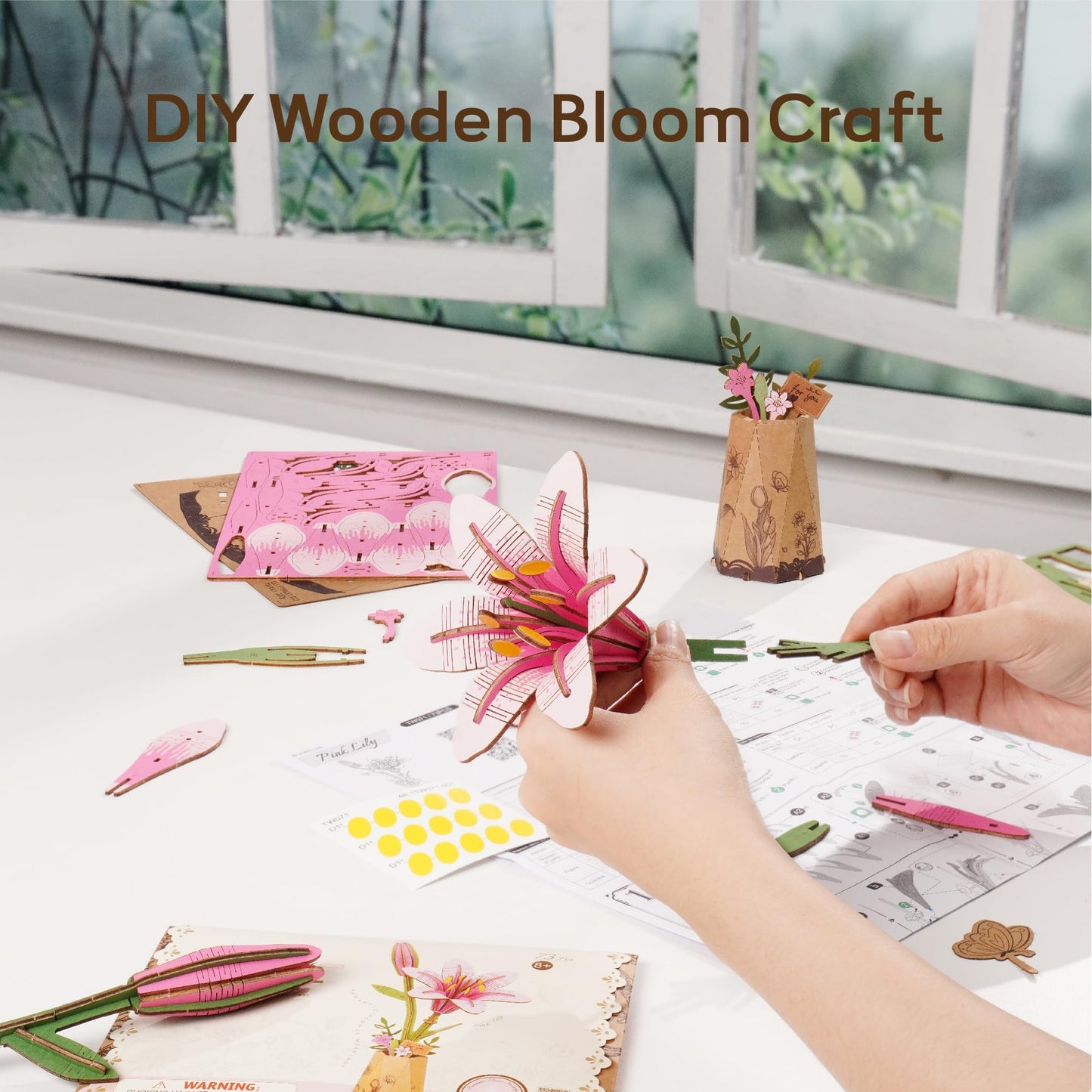 ROBOTIME 3D Wooden Lily Flower Puzzle TW071 - DIY Assembly Model Kit, Artificial Wood Flowers for Home Decoration, Relaxing Crafts for Adults, Valentine's Gift