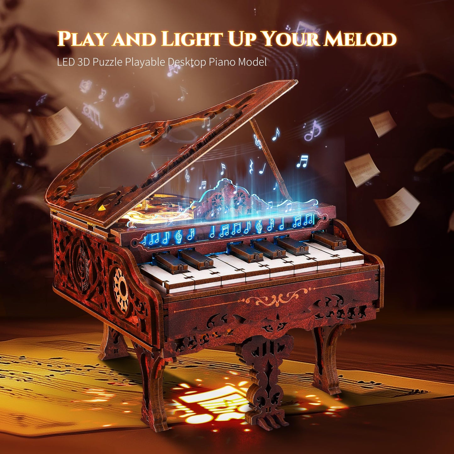 FUNPOLA 3D Wood Puzzle Piano Kit, Playable Wooden Keyboard Model with LED Lights, Interactive Craft Kit & Digital Piano Puzzle for Adults and Kids(with LED
