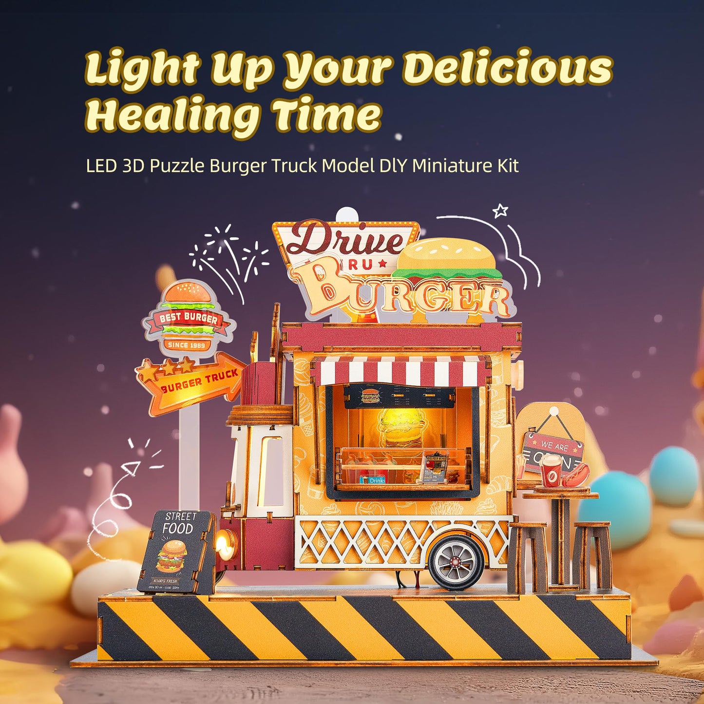 FUNPOLA 3D Wood Puzzle Burger Truck Model - DIY Miniature Food Truck Dollhouse Vehicle Craft Kit with LED Lights - Perfect Creative Gift for Kids and Adults(Burger Truck)