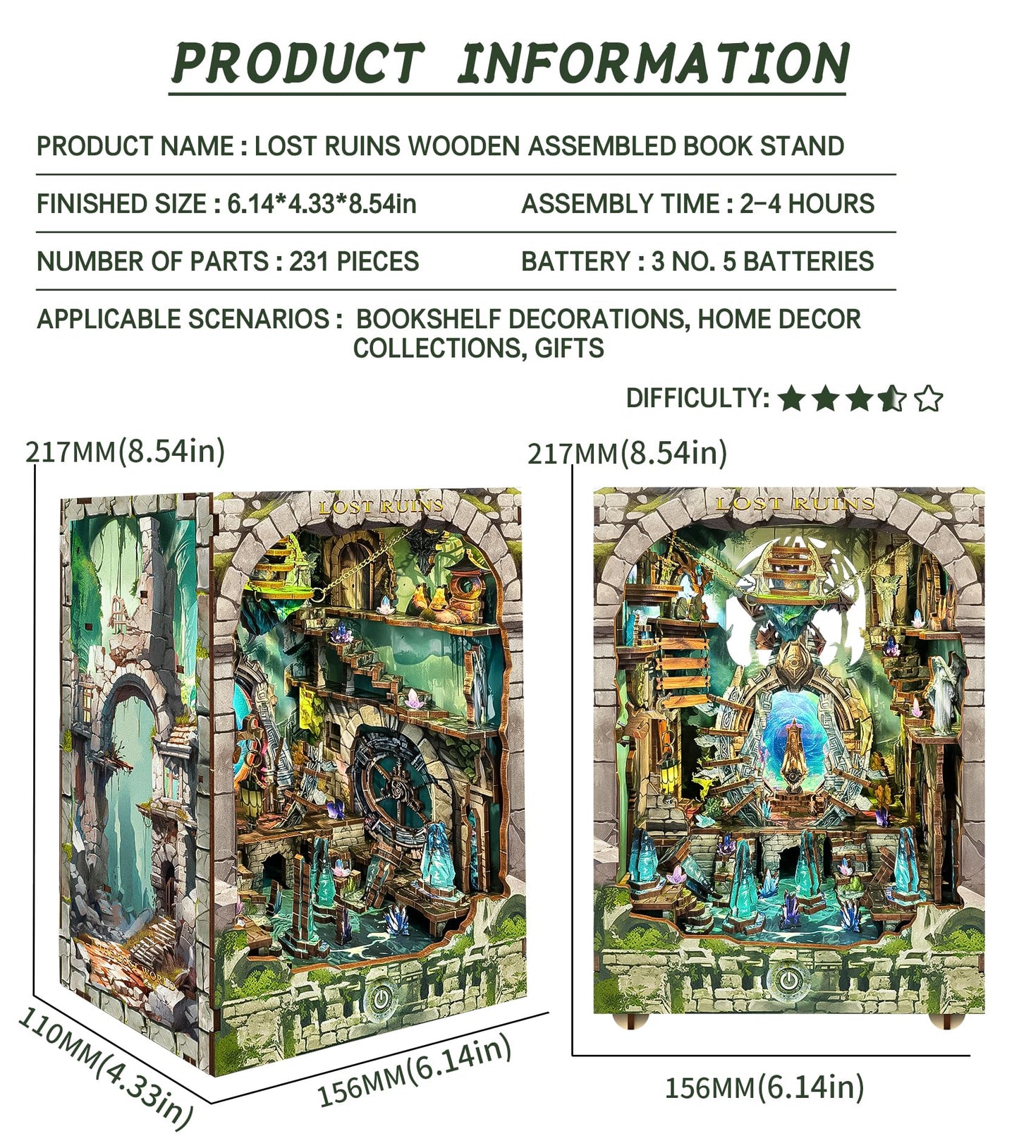 Spilay DIY Book Nook Kit,DIY Dollhouse Booknook Bookshelf Insert Decor Alley,Bookends Model Build kit,Handmade Crafts Gifts for Birthday Valentine's Day (Lost Ruins with Dust Cover)