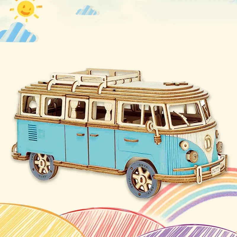 3D Wooden Car Retro Bus Europeanstyle Campervan DIY Manual Assembly Puzzle Camper Van Educational Toy for Children Christma Gift