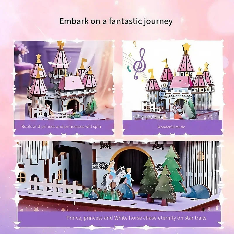 3D Handmade Rotating Music Box Eight Tone DIY Building Block Assembly Toy Ornament Model Magic Dream Birthday Gift for Female