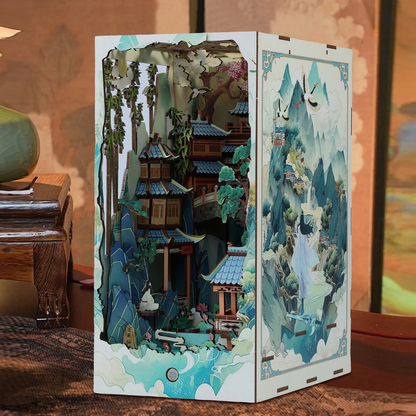 DIY Book Nook Kit 3D Wooden Doll House Puzzle Assembly Model Building Bookend Home Bookshelf Insert Decor with Sensor Light